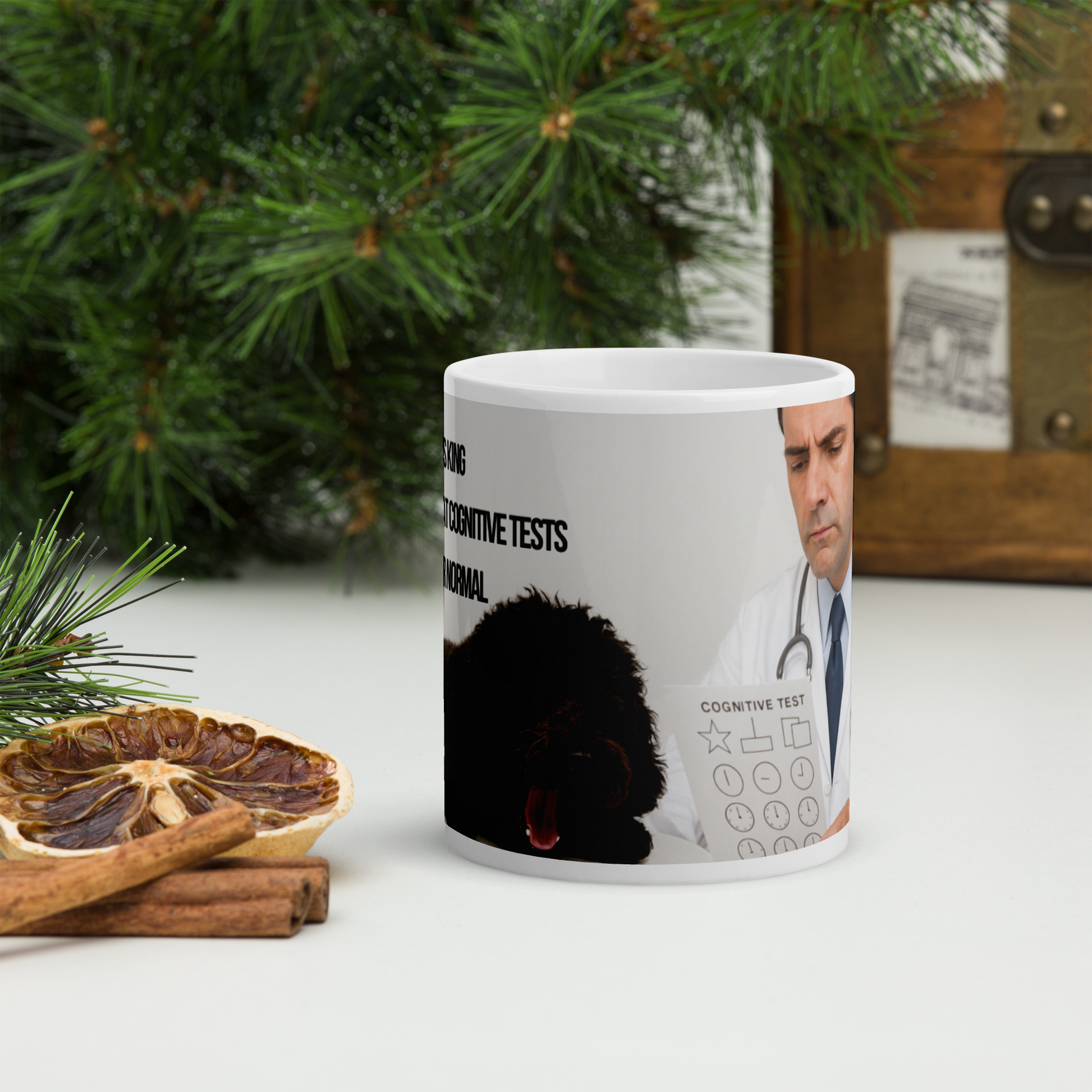 Glossy white mug with a design of a doctor and a dog on a white surface with greenery in the background