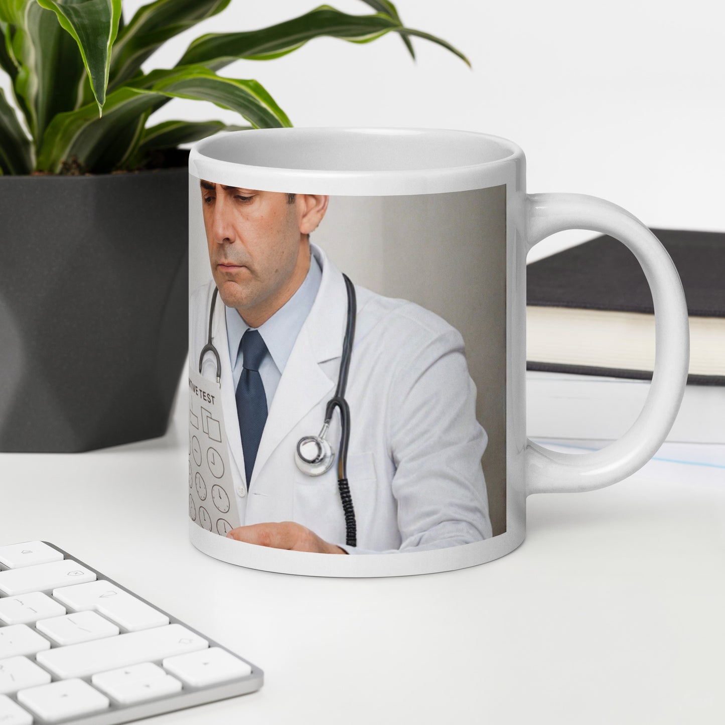 Glossy white mug with the image of a doctor holding a paper that says Cognitive Test.  Political, satirical, anti-MAGA haiku is not visible in this view.