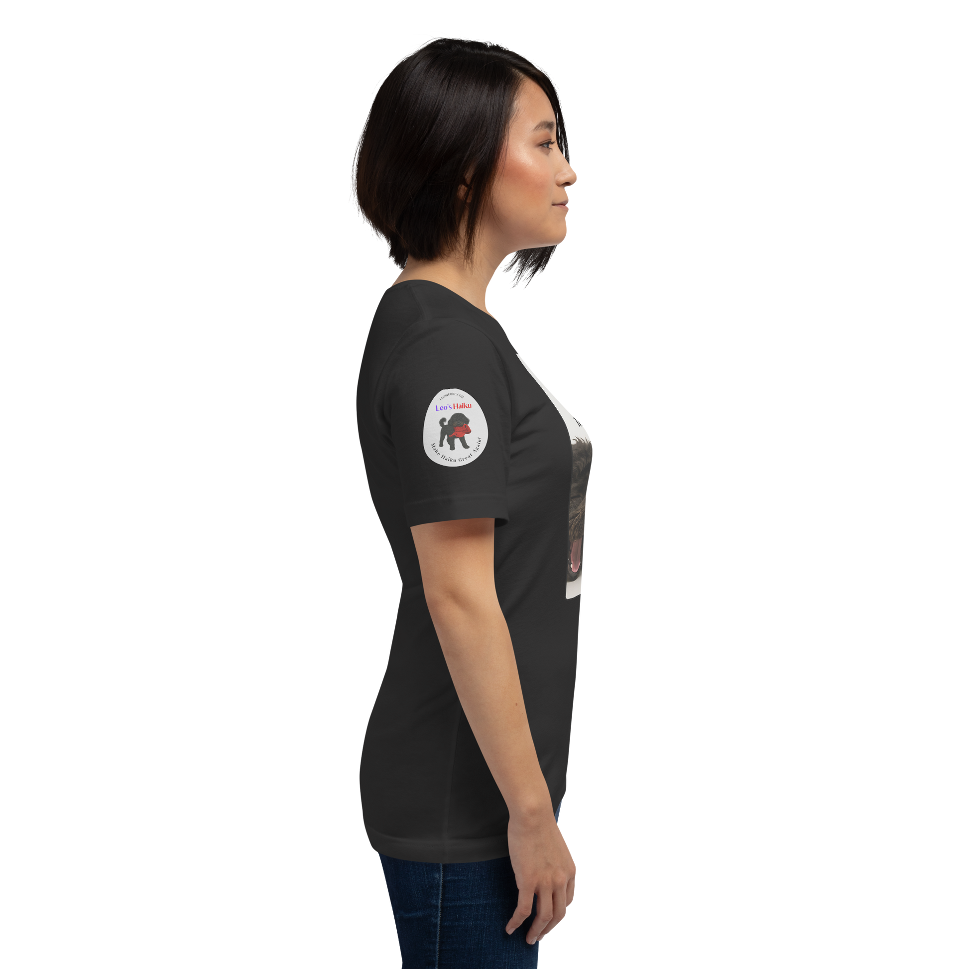 Right side view of a woman wearing a black t-shirt.  The logo for Leo's Haiku is on the sleeve.