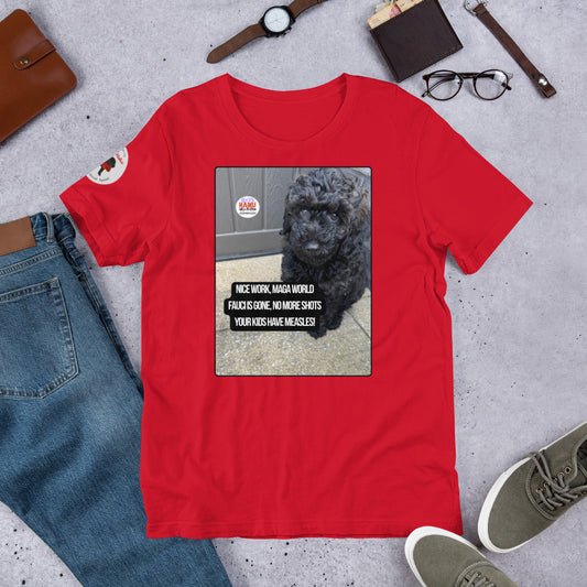 Red t-shirt surrounded by items that make an outfit - shoes, jeans, watch, wallet glasses, bracelet.  The t-shirt has the image of Leo the mini poodle and a political, satirical, anti-MAGA haiku that reads:
Nice Work, MAGA World
Fauci's Gone. No More Short
Your Kids Have Measles!
The circular text logo for leoshaiku.com is top left.