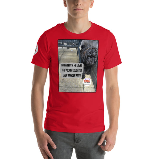 Image of a young may wearing a red t-shirt with an image of Leo the mini poodle.  A political, satirical, anti-MAGA haiku reads 
MAGA Truth:  He Loves
The Poorly Educated 
Ever Wonder Why.

The circular text logo of leoshaiku.com is bottom right.