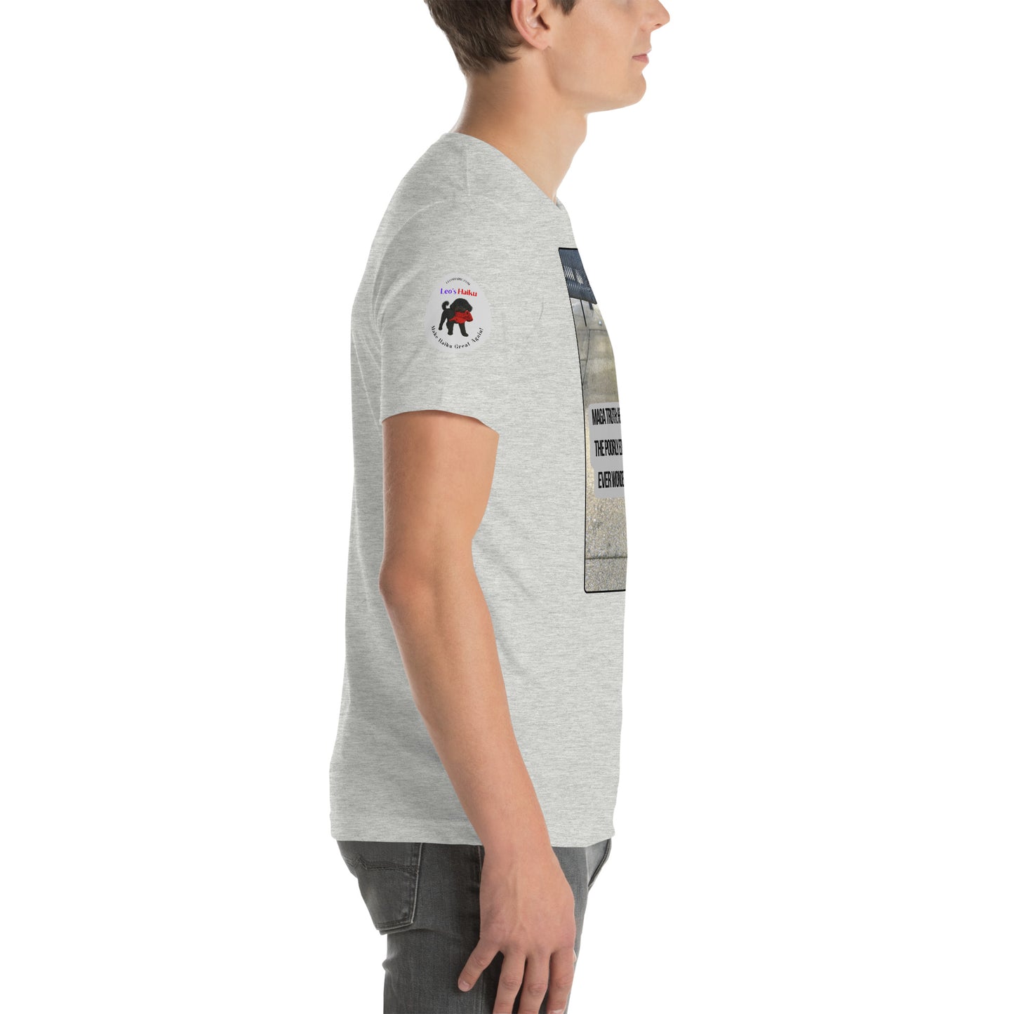 Right side view of man wearing a heather gray t-shirt with the Leo's haiku logo on the right sleeve.  Logo features Leo with a chewed red cap in his mouth.  Under his image it says Make Haiku Great Again.  Above it says leoshaiku.com and then Leo's Haiku in Leo's colors of purple and red.