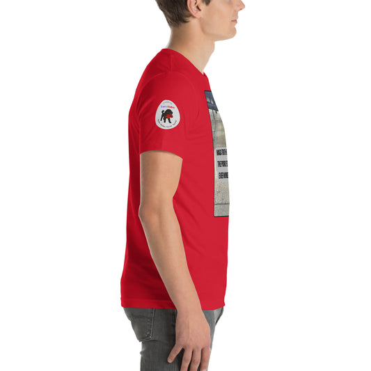 Right side view of man wearing a red t-shirt with the Leo's haiku logo on the right sleeve.  Logo features Leo with a chewed red cap in his mouth.  Under his image it says Make Haiku Great Again.  Above it says leoshaiku.com and then Leo's Haiku in Leo's colors of purple and red.