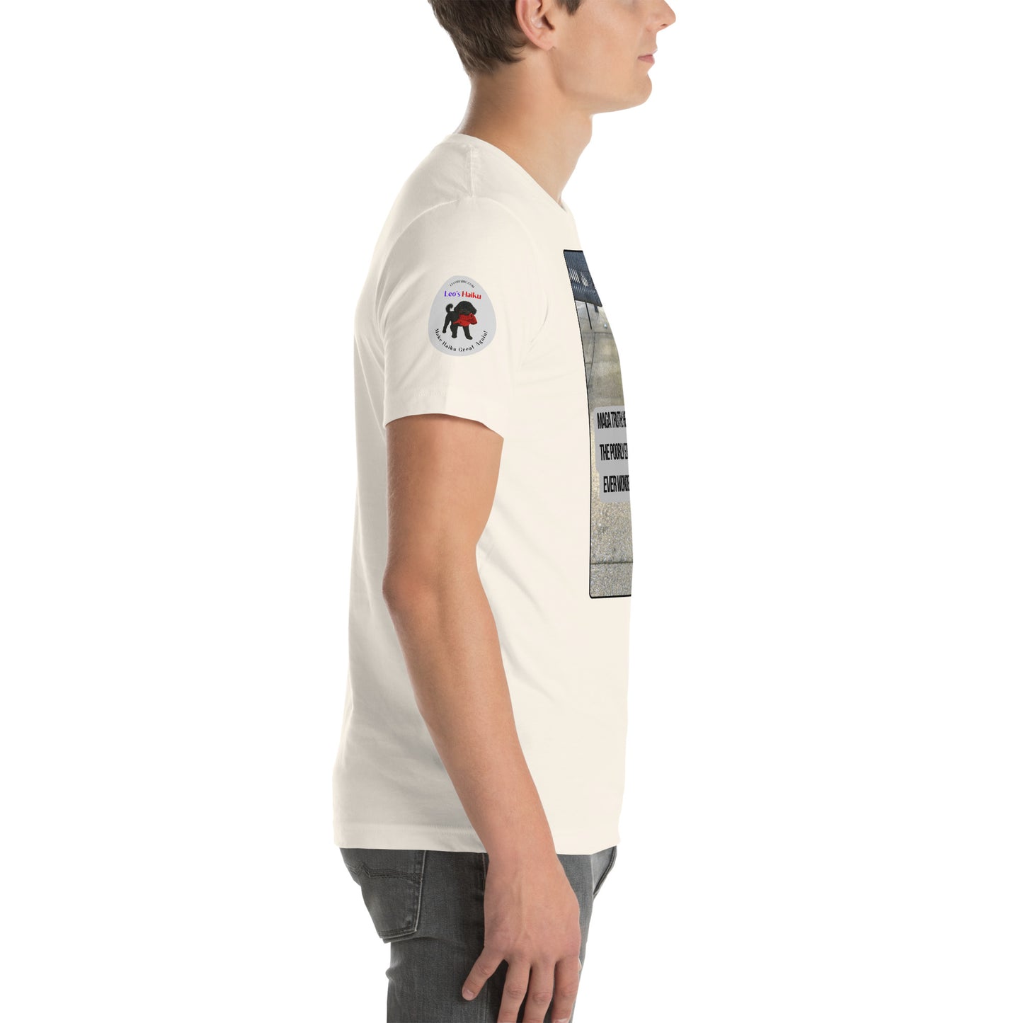 Right side view of man wearing a white t-shirt with the Leo's haiku logo on the right sleeve.  Logo features Leo with a chewed red cap in his mouth.  Under his image it says Make Haiku Great Again.  Above it says leoshaiku.com and then Leo's Haiku in Leo's colors of purple and red.