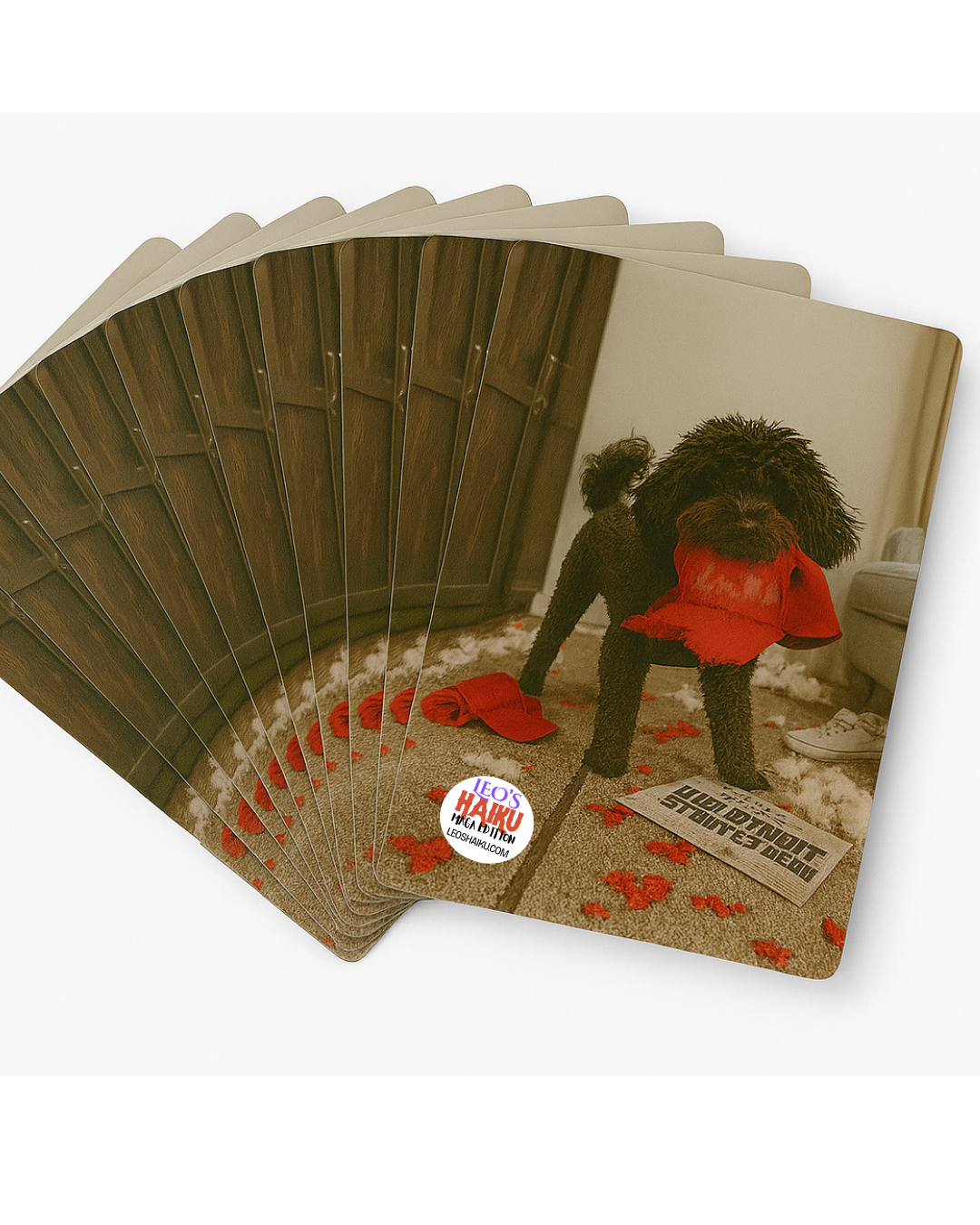 Deck of playing cards fanned to show the design of a black dog in a living room destroying a red cap.  A newspaper is on the floor and the leoshaiku.com text logo is bottom left.