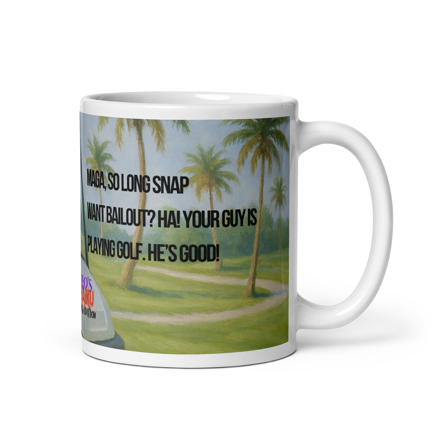 White glossy Ceramic Mug with golf-themed design and humorous text on a white background,  Handle on the Right