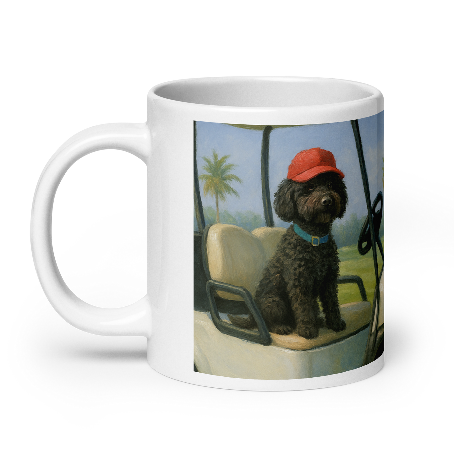 White glossy ceramic mug, handle on the left, printed with image of black dog in a red cap sitting in a golf cart.  Palm trees in the background