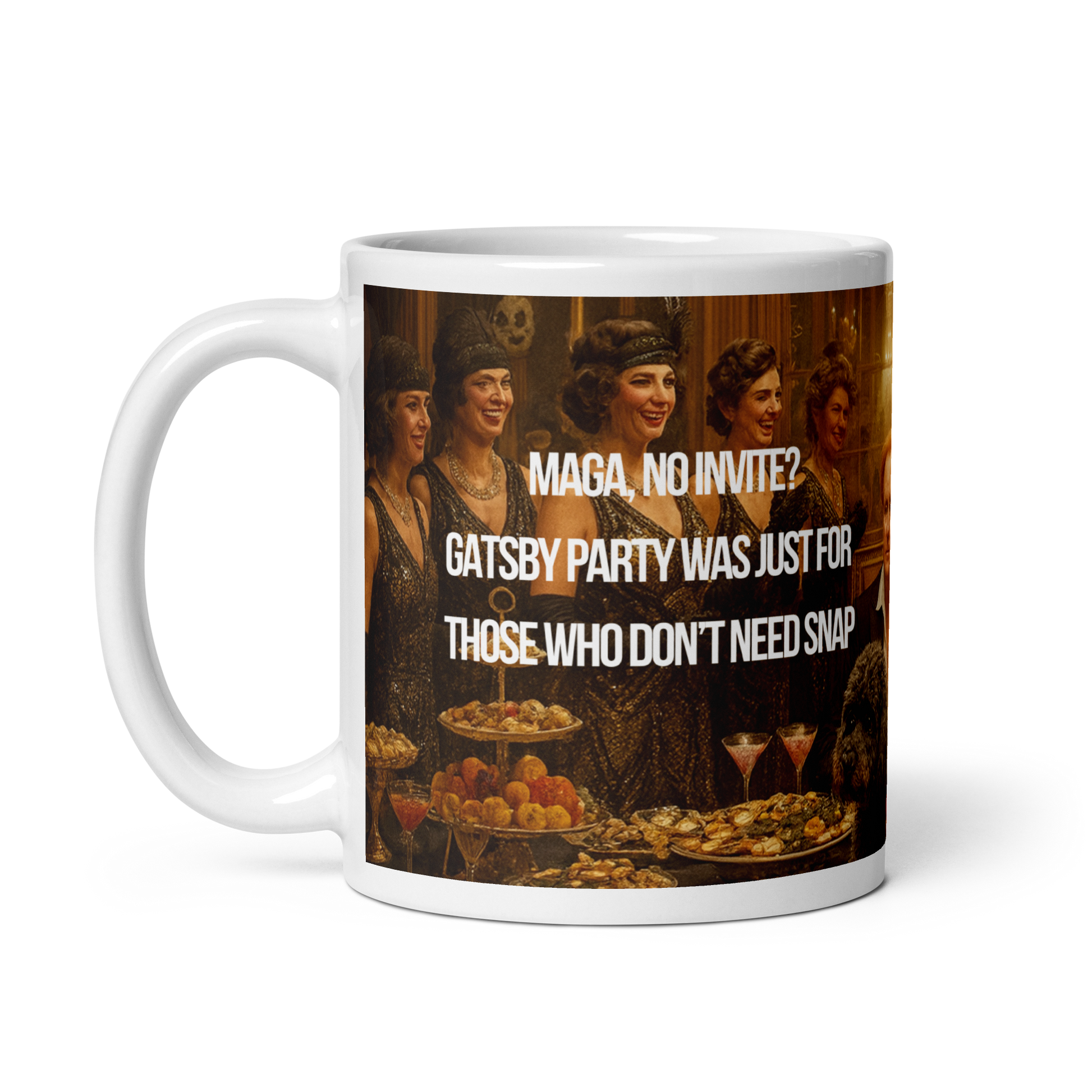 White ceramic mug printed image of a party and with satirical text about Gatsby party at White House before SNAP cuts