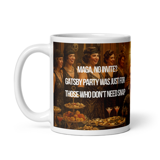 White ceramic mug printed image of a party and with satirical text about Gatsby party at White House before SNAP cuts