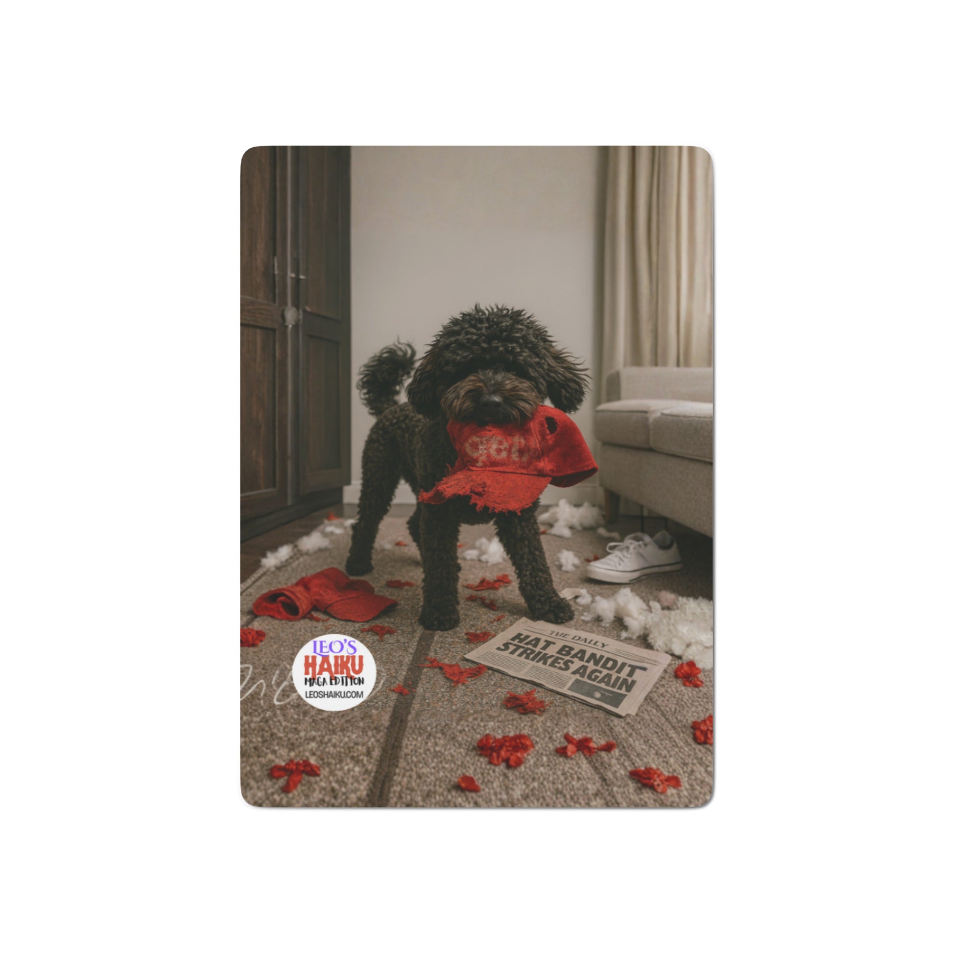Single card face down showing the back.  Leo is in a living room destroying a red cap.  Leo's haiku text logo is bottom left.