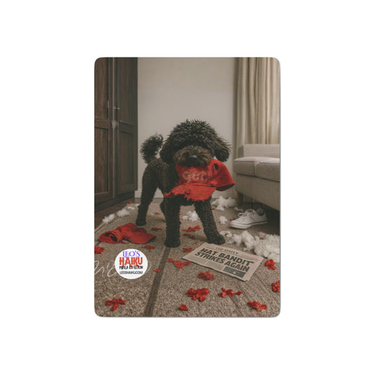 Single card face down showing the back.  Leo is in a living room destroying a red cap.  Leo's haiku text logo is bottom left.