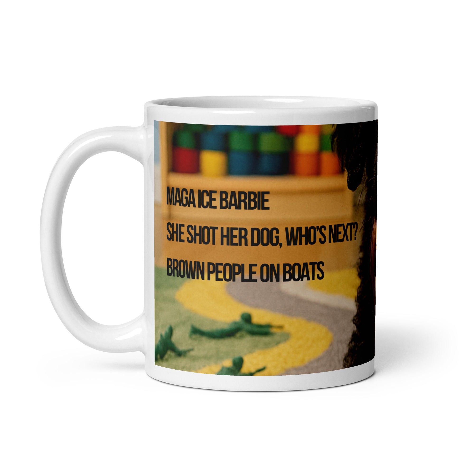 White glossy activist coffee mug printed with ICE Barbie haiku in bold black text.  Political protest drinkware gift for coffee lovers.