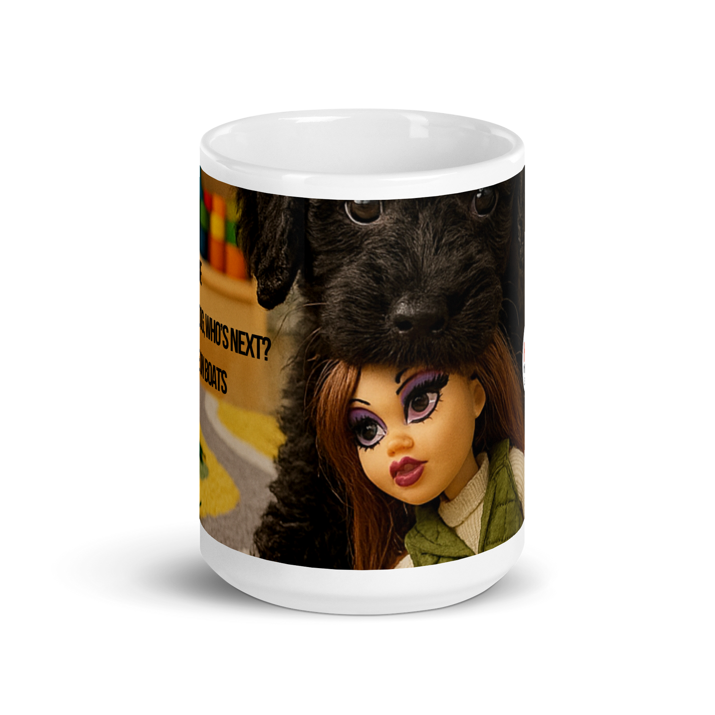 White glossy activist coffee mug printed with ICE Barbie haiku in bold black text.  Political protest drinkware gift for coffee lovers. Front view shows Leo the Poodle with ICE Barbie in his month.