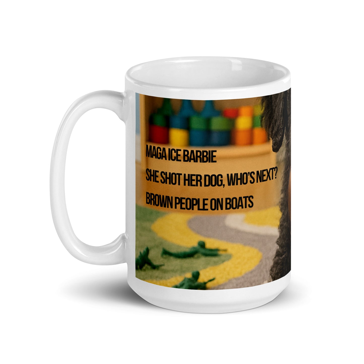 White glossy activist coffee mug printed with ICE Barbie haiku in bold black text.  Political protest drinkware gift for coffee lovers.