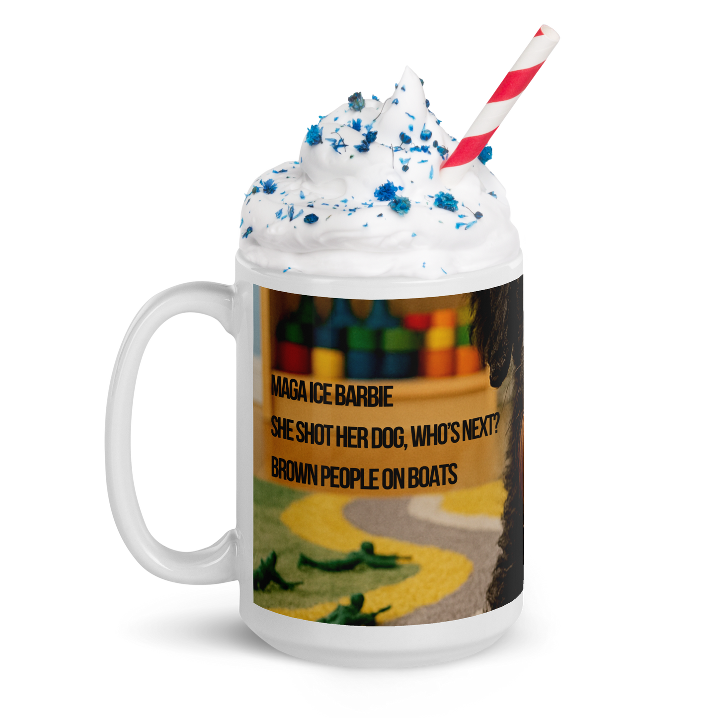 White glossy activist coffee mug printed with ICE Barbie haiku in bold black text.  Political protest drinkware gift for coffee lovers.  Show with whipped cream and red and white straw