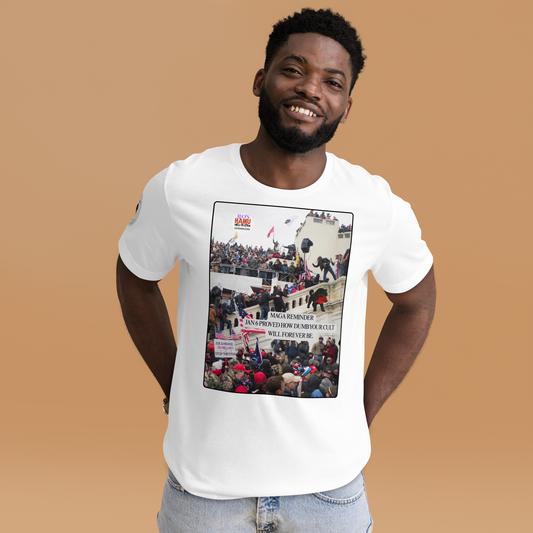 Man wearing a white t-shirt with a graphic design showing actual phone of the Jan 6 Insurrection at the US capital.  Leo with a chewed red cap is mid right; the circular text logo of leoshaiku.com is upper left.