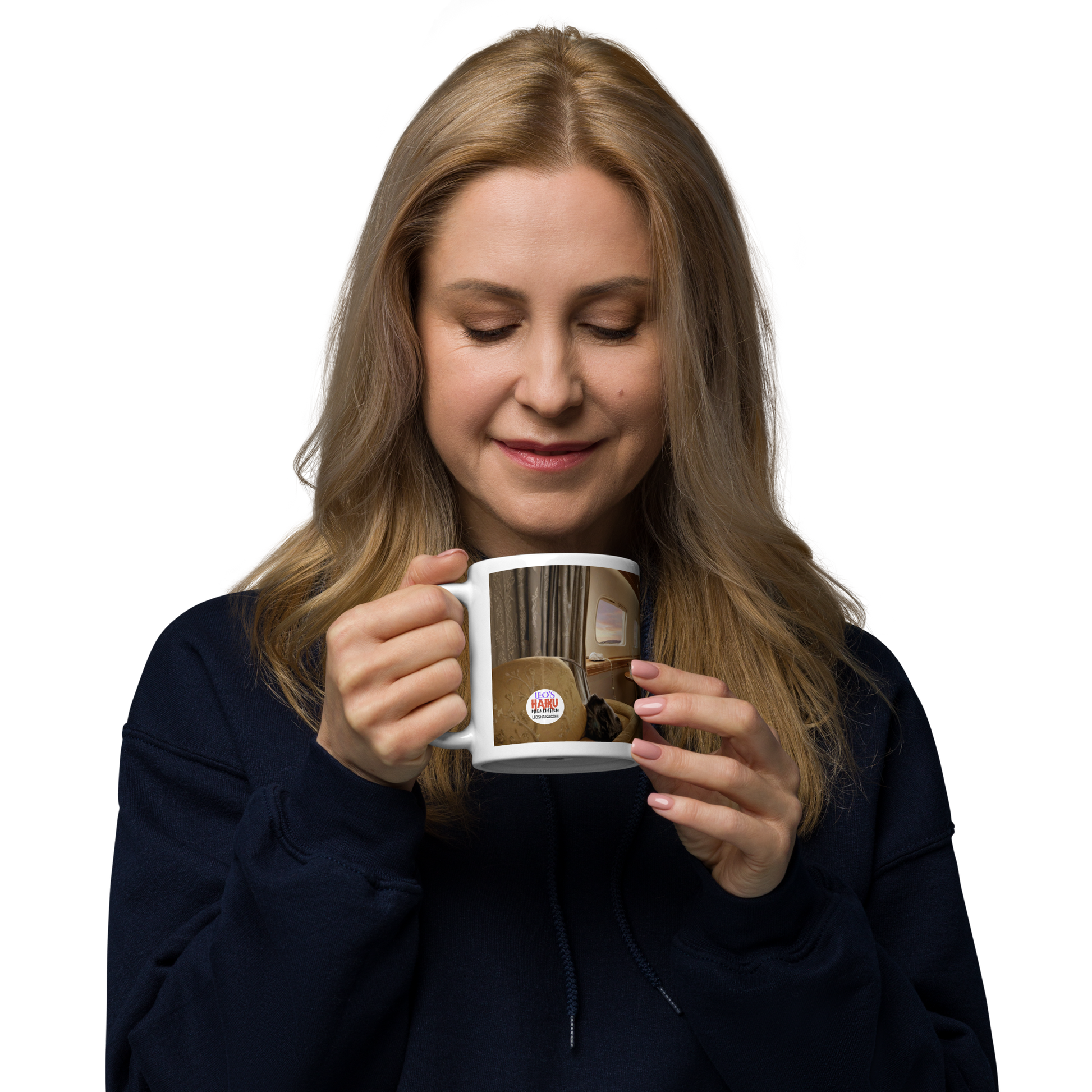 Woman holding a White glossy 11 oz mug printed with the interior of a luxury jet.  Brown tones with Leo's Haiku Text logo displayed.  Political, Satirical, anti-MAGA haiku  leoshaiku.com