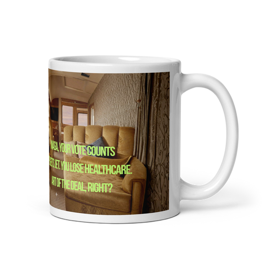 White glossy 11 oz mug printed with the interior of a luxury jet.  Brown tones with lime green text.  Political, Satirical, anti-MAGA haiku