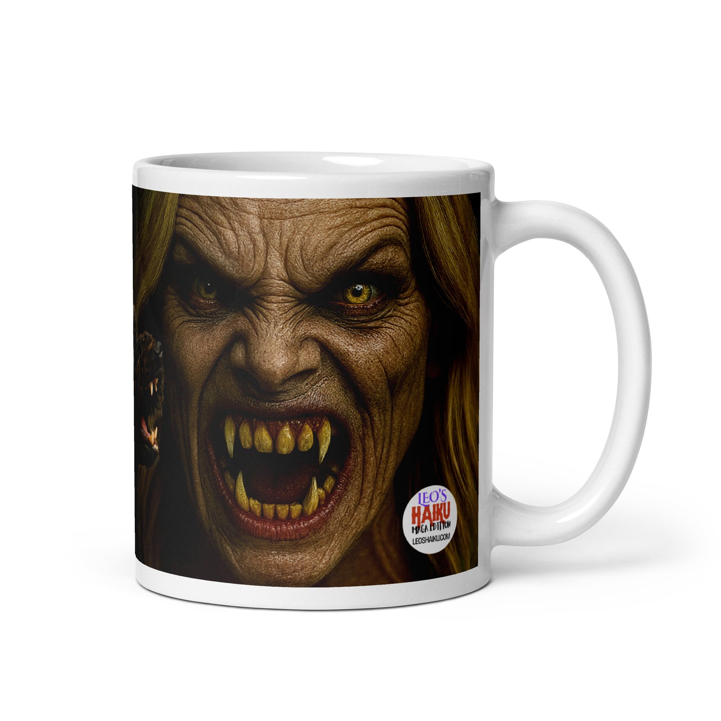 Glossy White Mug with a graphic design of a menacing face and visible teeth on a white background.  Leoshaiku.com text logo is shown