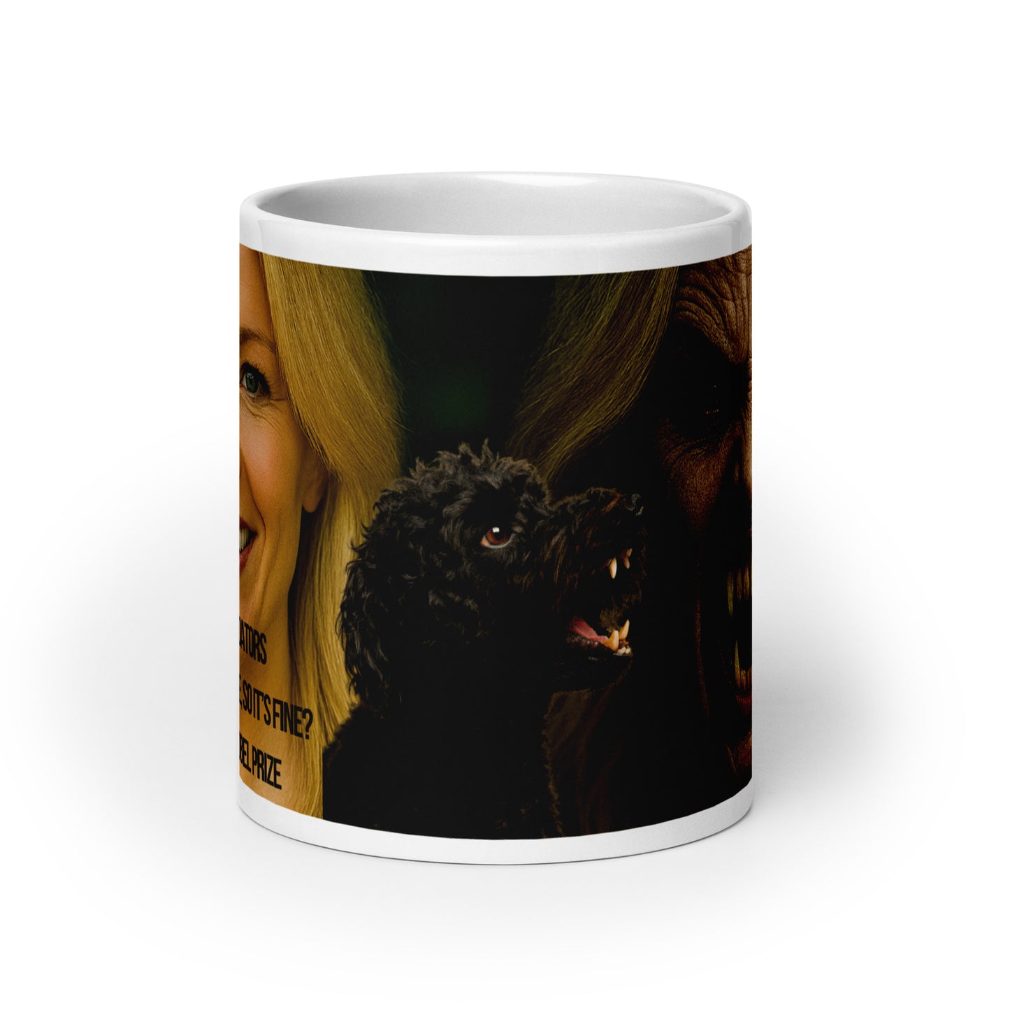 Glossy white mug printed with the image of a snarling black dog.  Political, Satirical, anti-MAGA Haiku is not shown in this view.