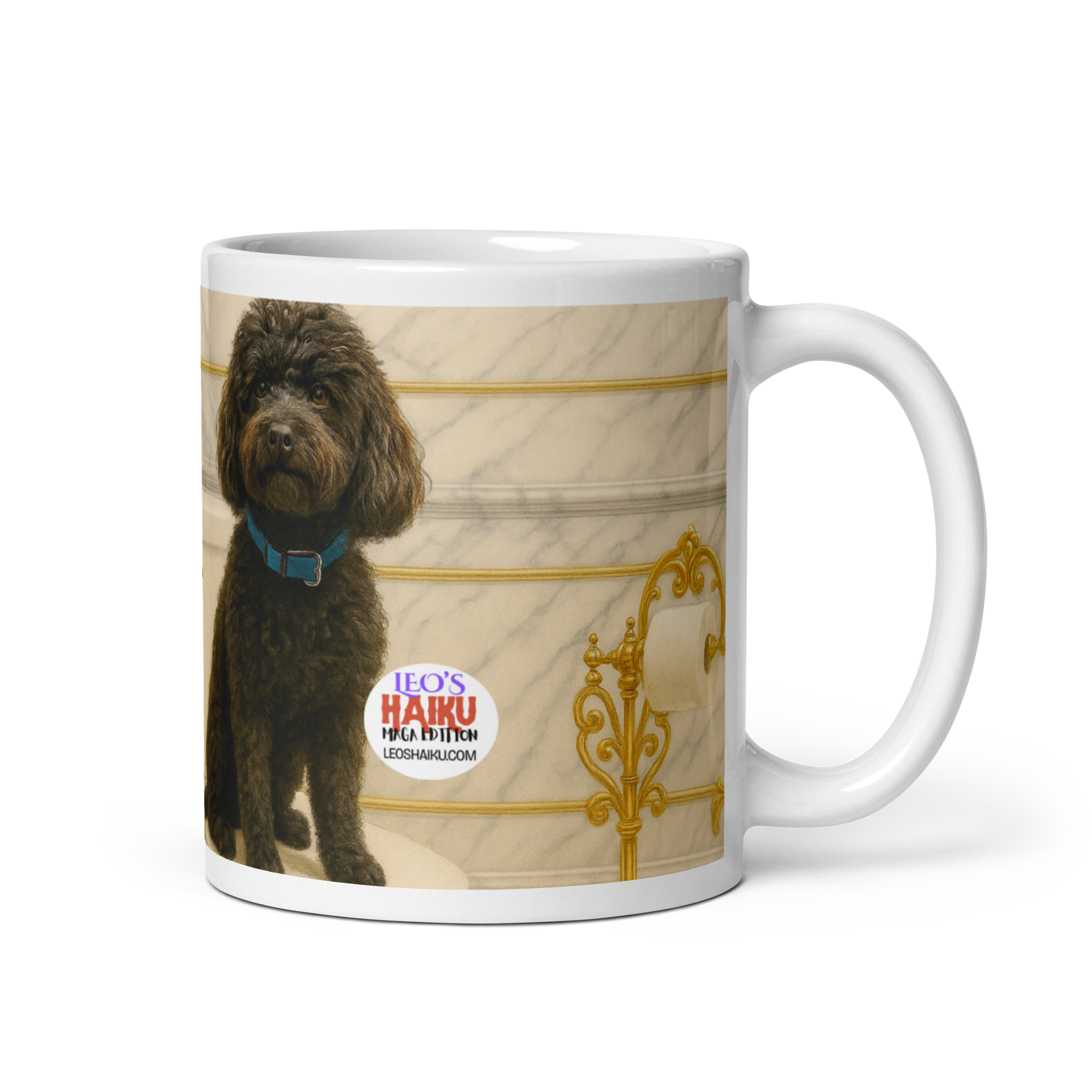 White glossy mug printed with the image of Leo the Mini Poodle sitting on a toilet in a marble and gold bathroom.  Political, satirical, anti-Maga.  Leoshaiku.com text logo is shown.