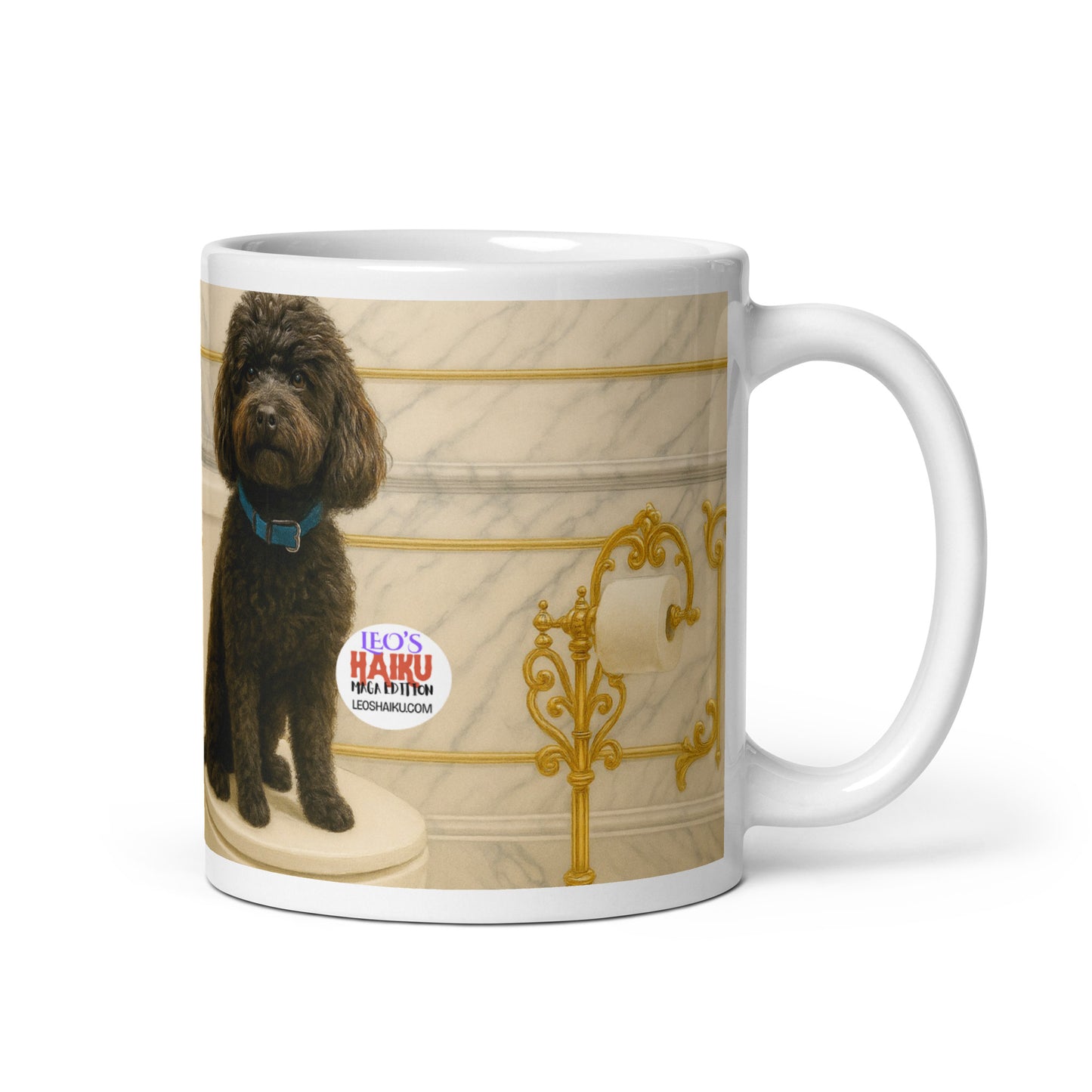 White glossy mug printed with the image of a black dog sitting on top of a toilet seat in a very ornate gold and marble bathroom.  Leoshaiku.com logo is displayed; handle on the right.