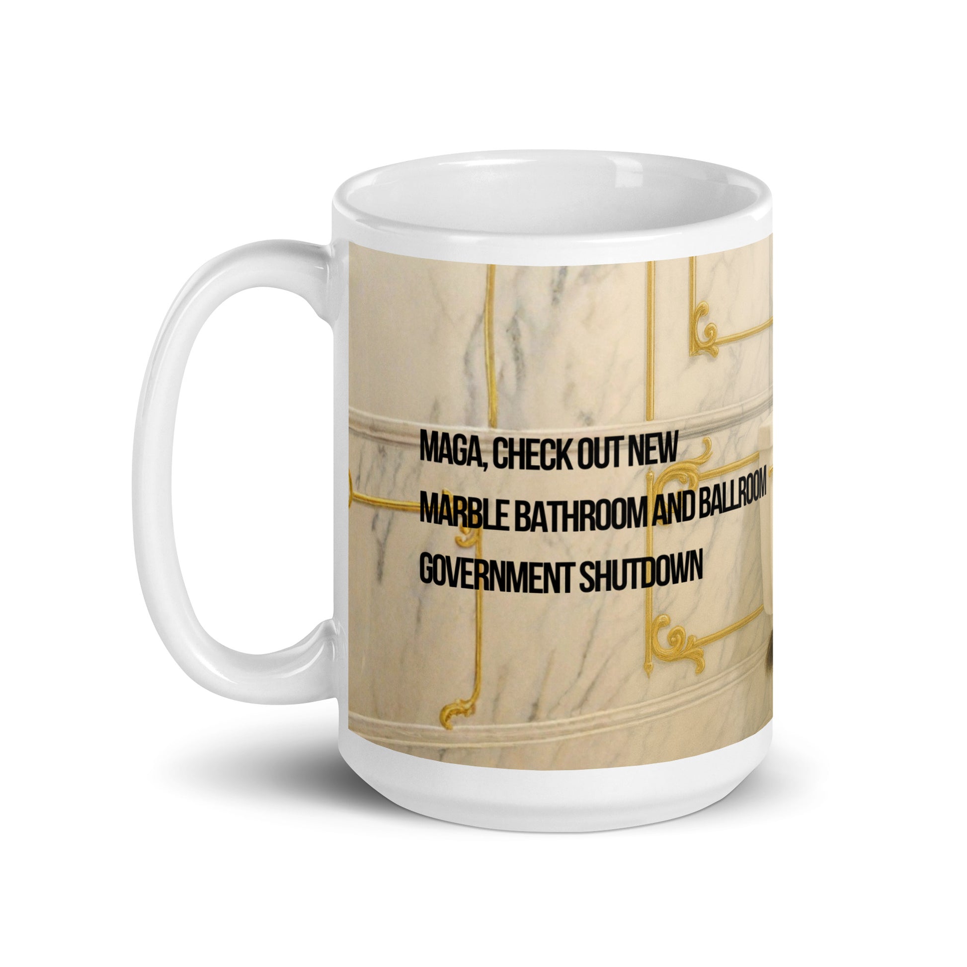 White glossy mug printed with a Political, satirical, anti-Maga haiku about.  Haiku is on a very ornate bathroom wall.