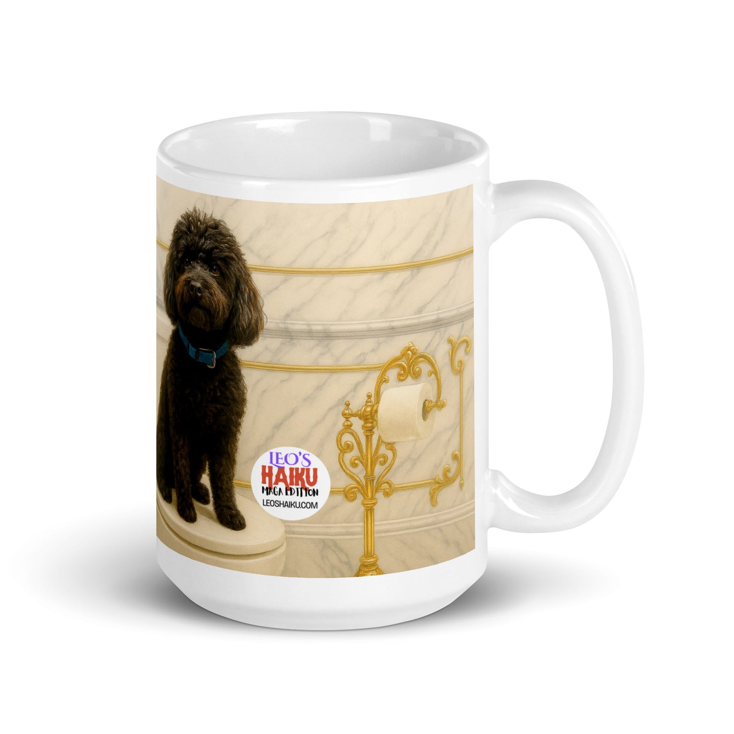 White glossy mug printed with the image of a black dog sitting on top of a toilet seat in a very ornate gold and marble bathroom.  Leoshaiku.com logo is displayed; handle on the right.