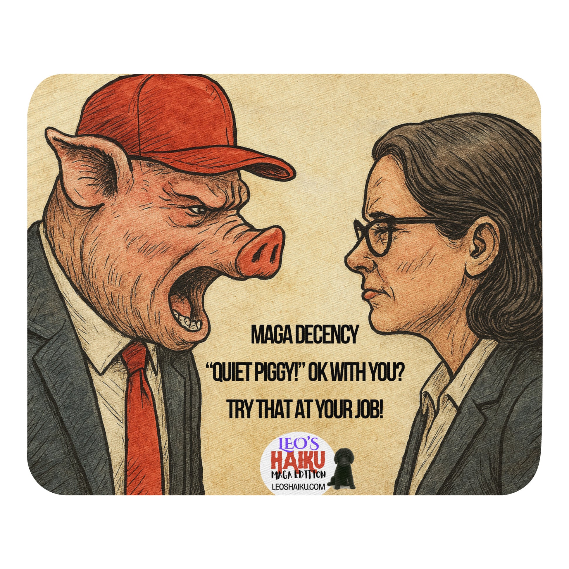 Standard mouse pad printed with cartoon image of a pig-faced man in a suit, red tie, and red hat screaming at a woman in a business suit.  Political, satirical, anti-maga haiku is displayed as is the text logo for Leoshaiku.com and the image of a small dog.