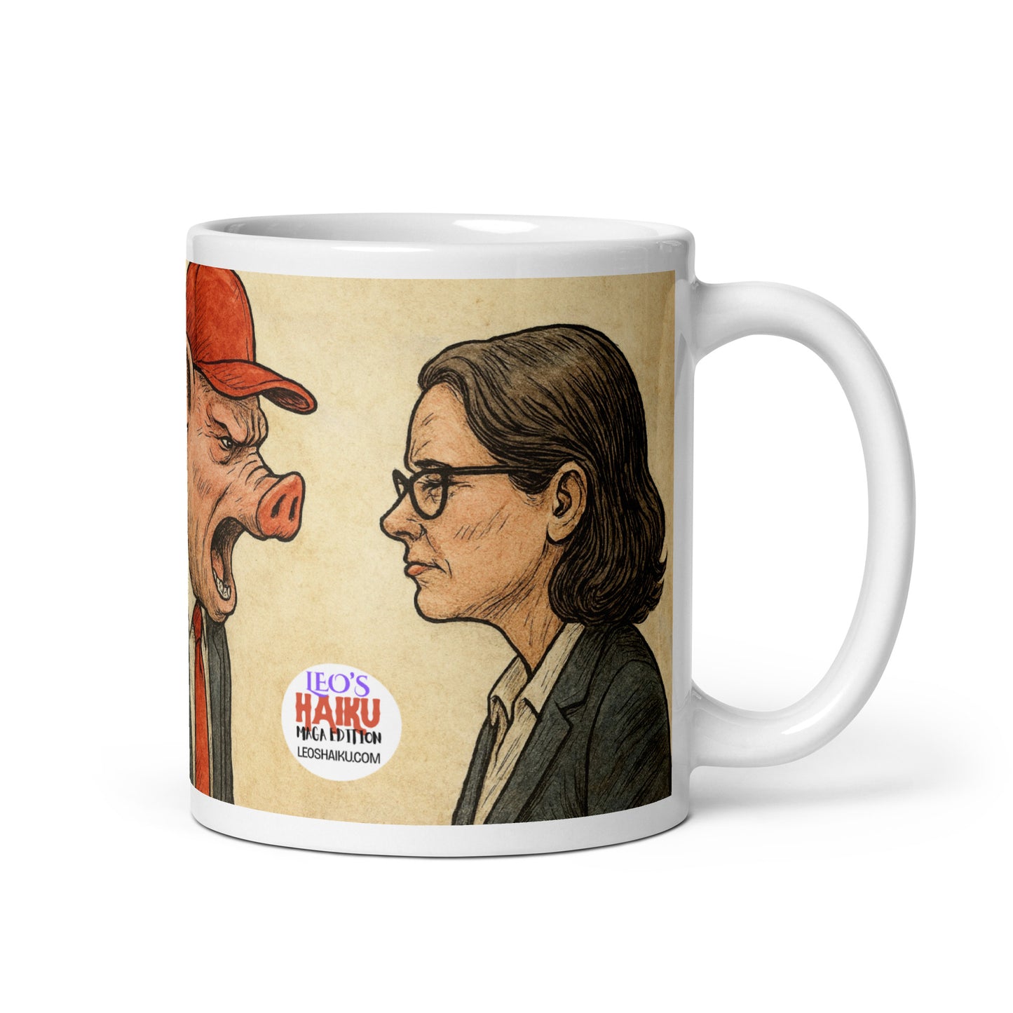 Glossy white ceramic mug printed with the cartoon image of a pig-faced man in a suit, red tie and red hat screaming at a woman in a business suit.  The text logo for leoshaiku.com is shown, but the political, satirical, anti-maga haiku is not visible on this side.
