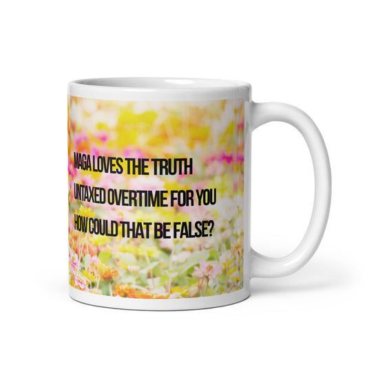 White ceramic mug printed with a yellow and pink flowered background.  Political, satirical, anti-MAGA haiku is displayed.