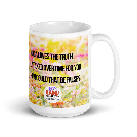 White ceramic mug printed with a yellow and pink flowered background.  Political, satirical, anti-MAGA haiku is displayed as is the leoshaiku.com text logo.