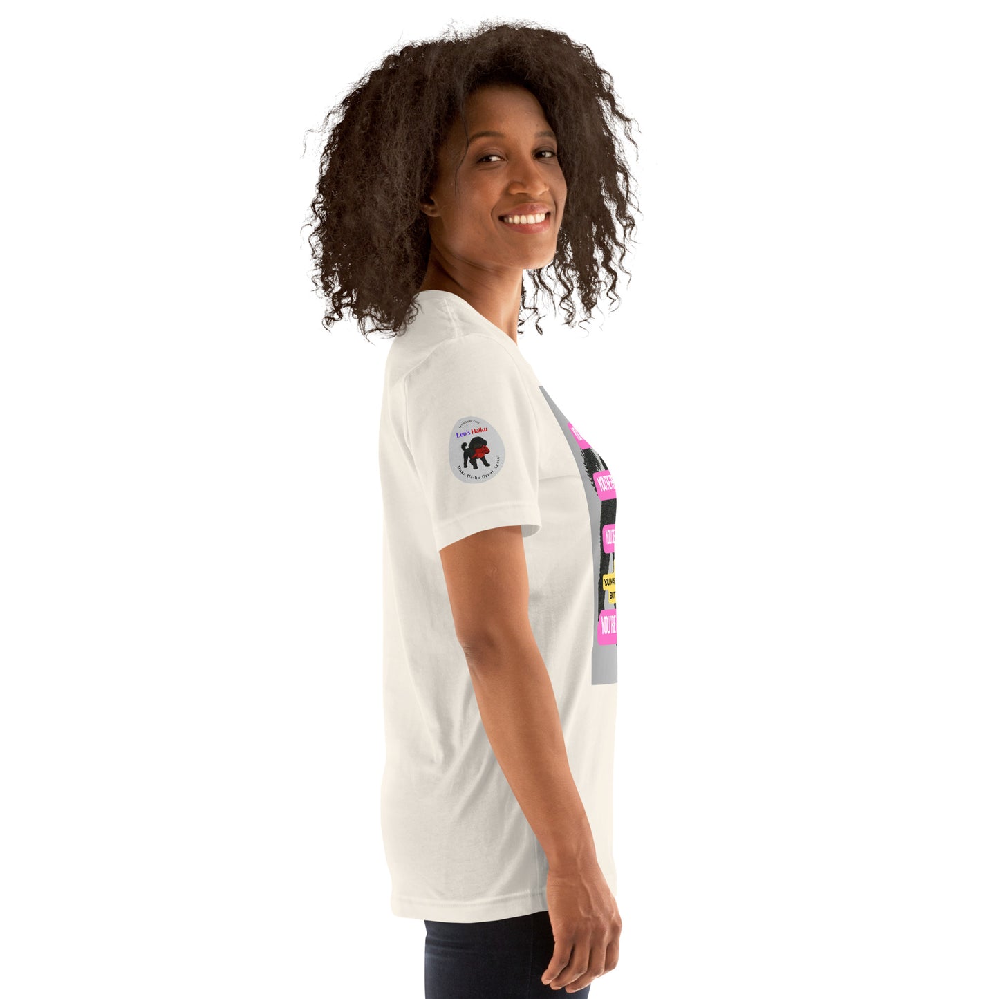 Side view of a woman wearing a short-sleeved white t-shirt.  The logo for leoshaiku.com is displayed on the right sleeve.