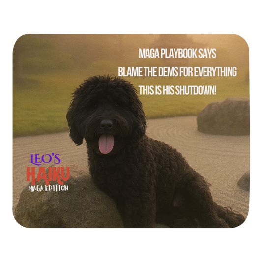 Standard-sized mouse pad printed with a Zen garden in golden light.  Poodle leans on rock beneath a Haiku of political satire.