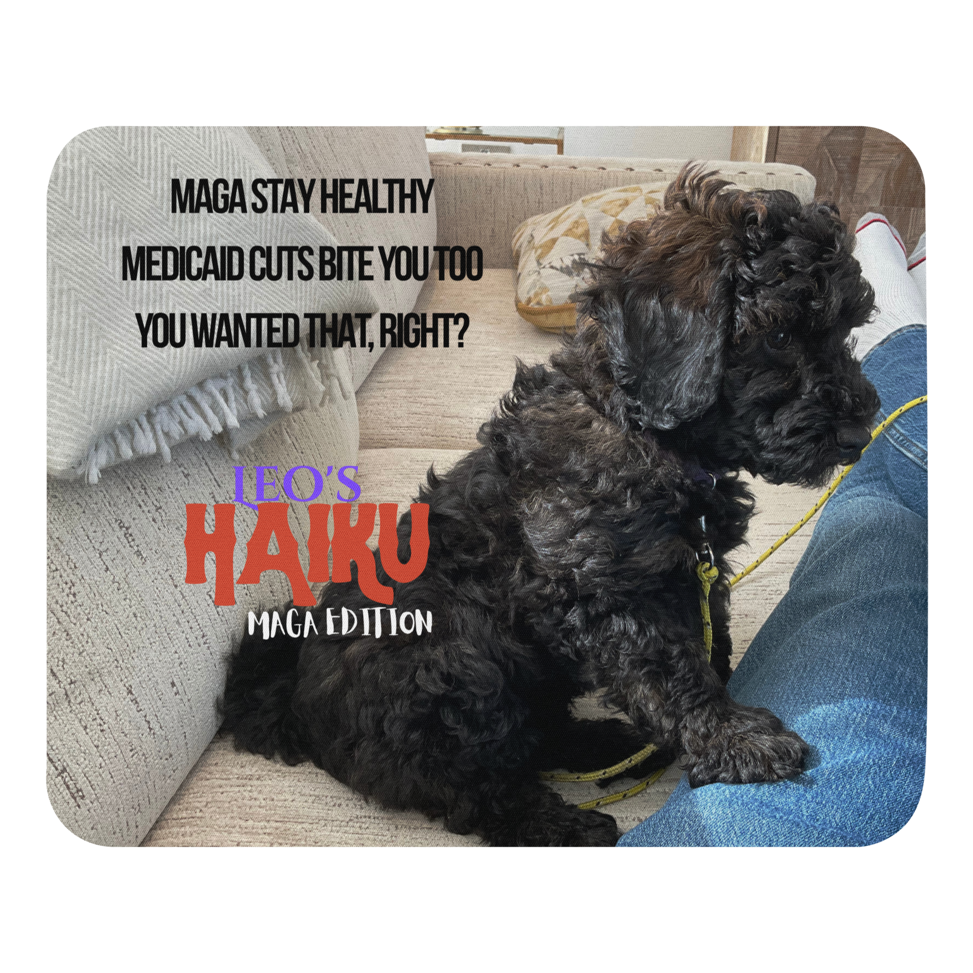 Standard-sized mouse pad printed with the side view of a poodle sitting on a beige couch, political satire in Haiku format, and branding elements.