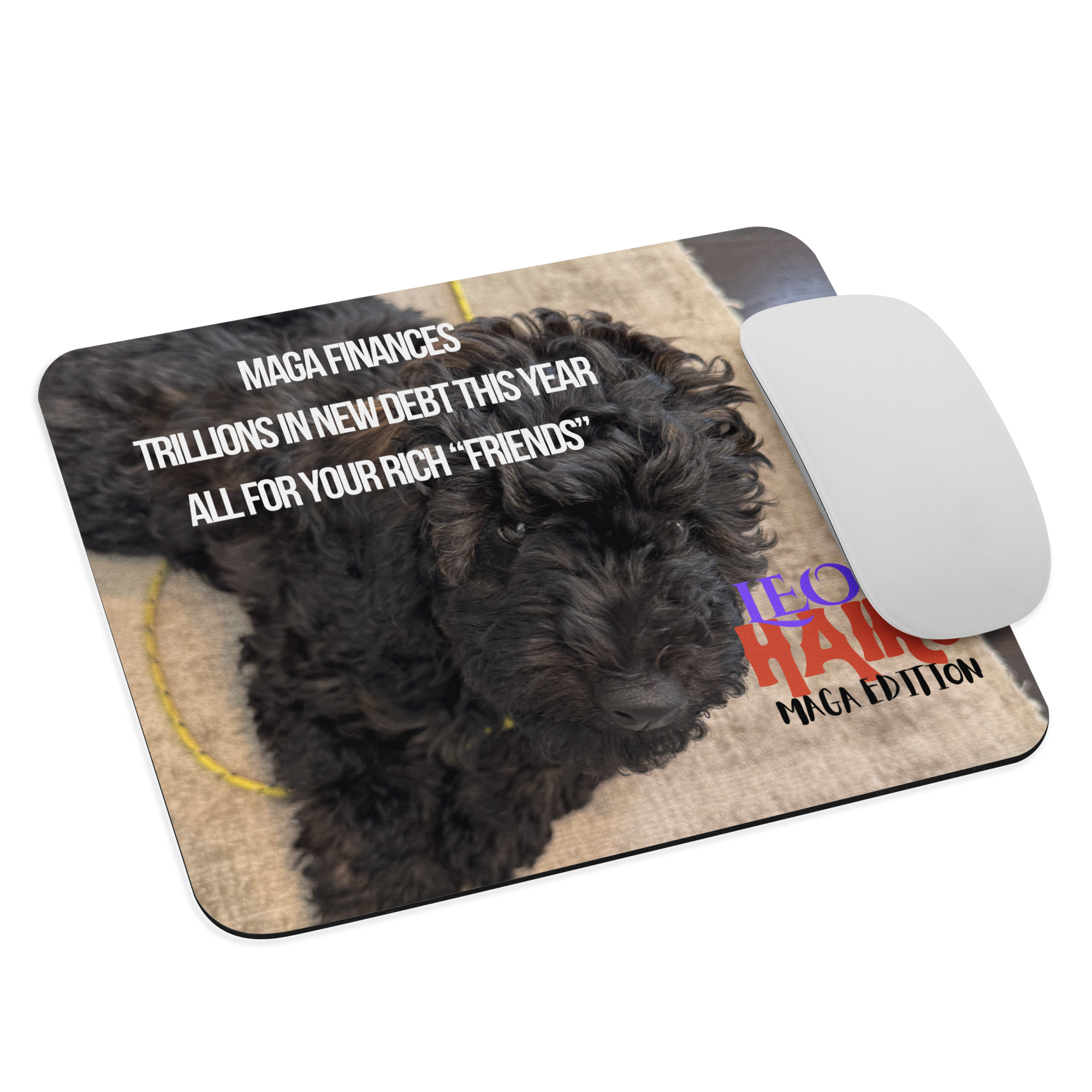 Standard-sized mouse pad printed with a poodle on a rug and political satire in Haiku format.  A computer mouse sits on the right side of the pad.