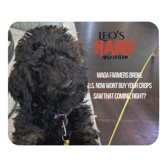 Standard-sized mouse pad printed with a dog against a dark background and political satire in Haiku format.