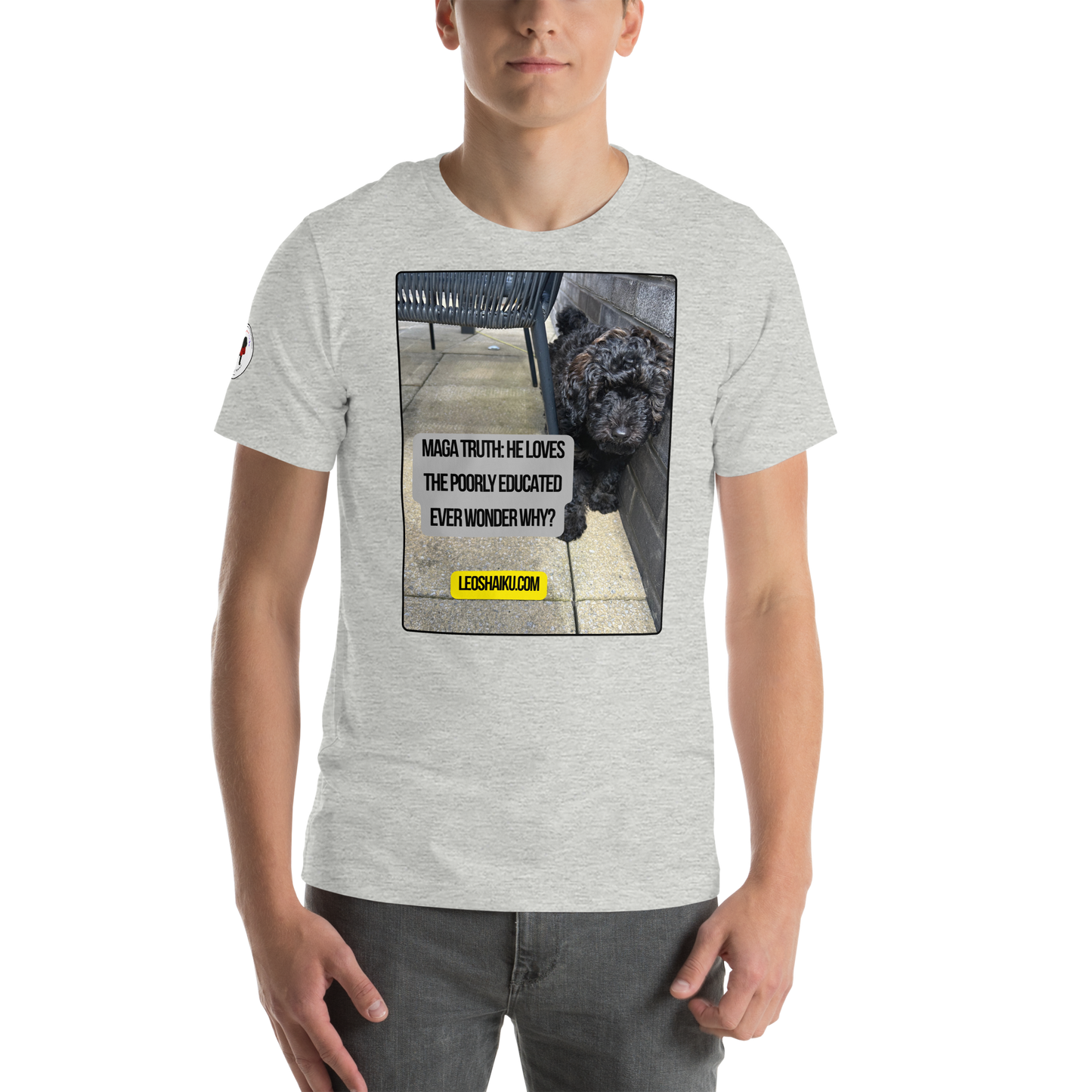 Young man in a gray t-shirt facing front. Shirt is printed with the image of a dog huddled against an outside patio wall.  A political, satirical, anti-maga haiku reads:
MAGA Truth:  He Loves
The Poorly Educated
Ever Wonder Why?
centered below that in black letters on a yellow field, it reads LEOSHAIKU.COM