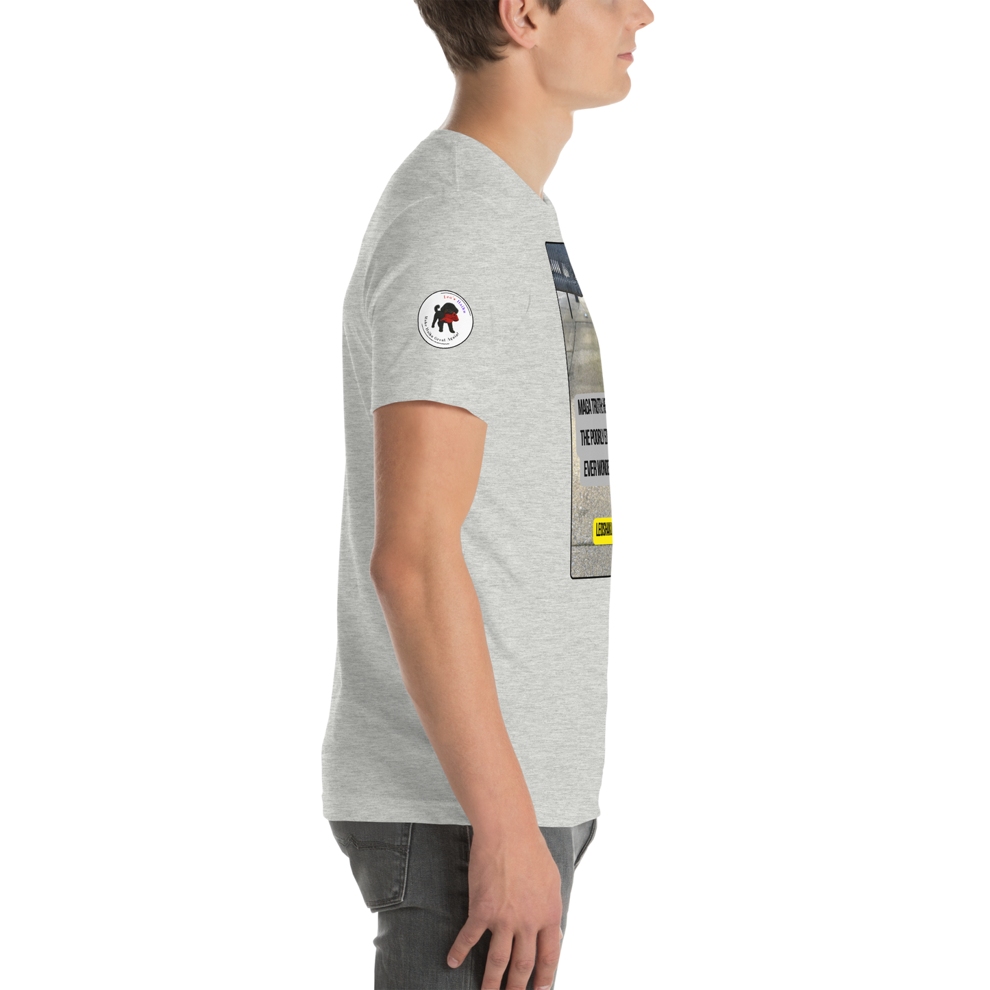 Young man in a gray t-shirt facing right.  On the right sleeve is the logo for LEOSHAIKU.COM 