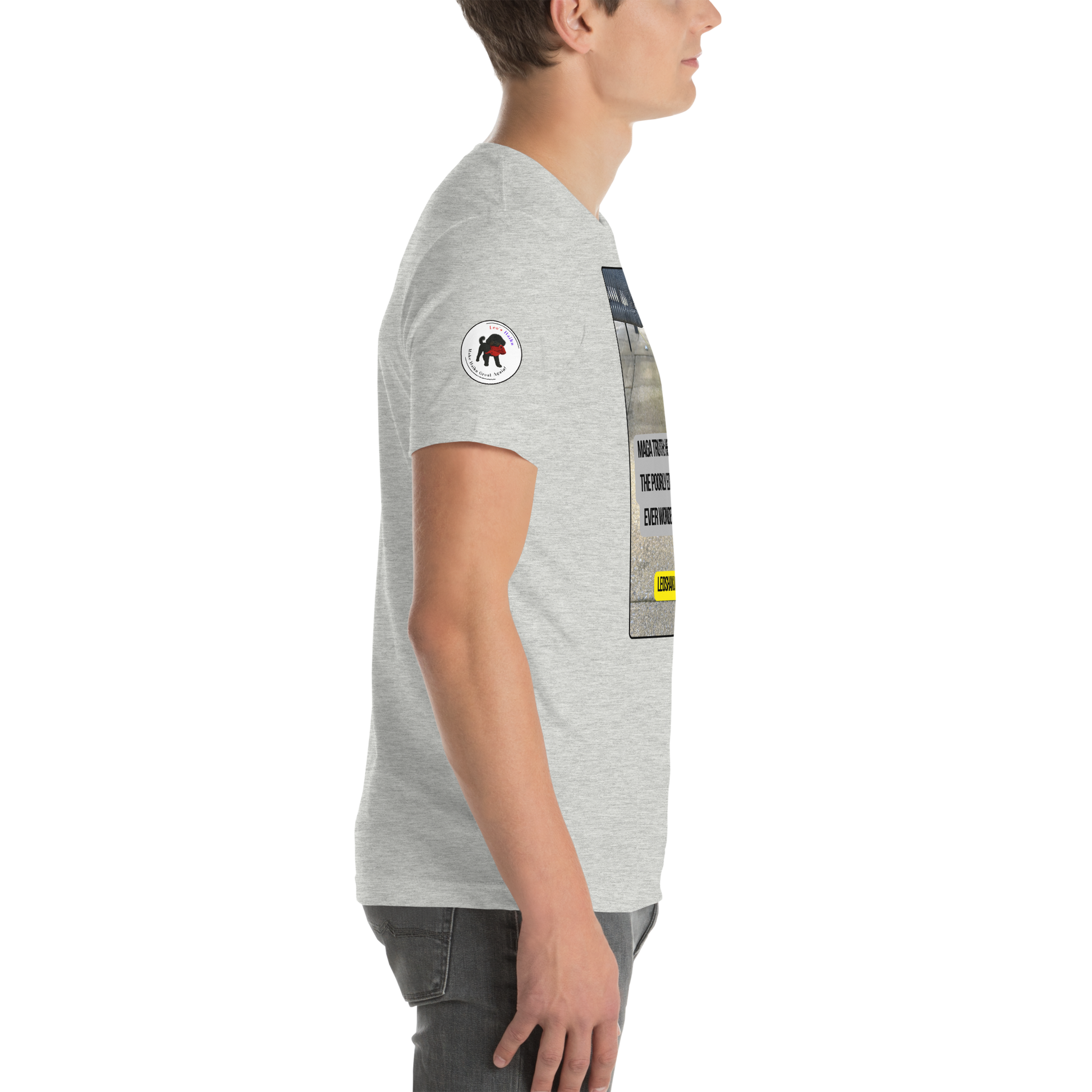 Young man in a gray t-shirt facing right.  On the right sleeve is the logo for LEOSHAIKU.COM 