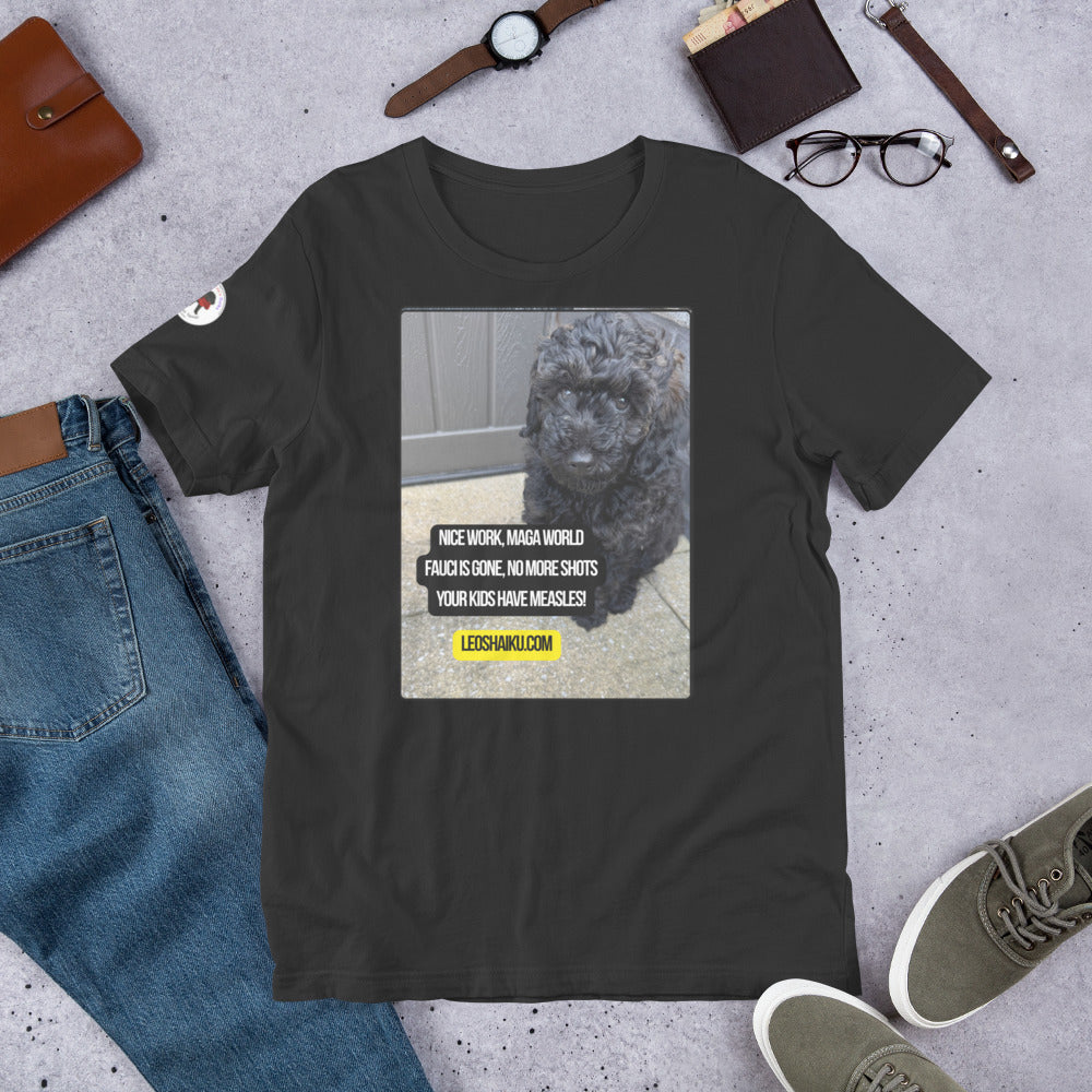 Dark grey t-shirt surrounded by items to make an outfit - jeans, glasses, shoes, wallet, watch.  T-shirt is printed with image of a dog in the corner of our outdoor patio.  A political, satirical, anti-MAGA haiku reads:
Nice Work, MAGA World
Fauci's gone, No More Shots
Your Kids Have Measles!
Centered under that is leoshaiku.com in black letters on a yellow background.