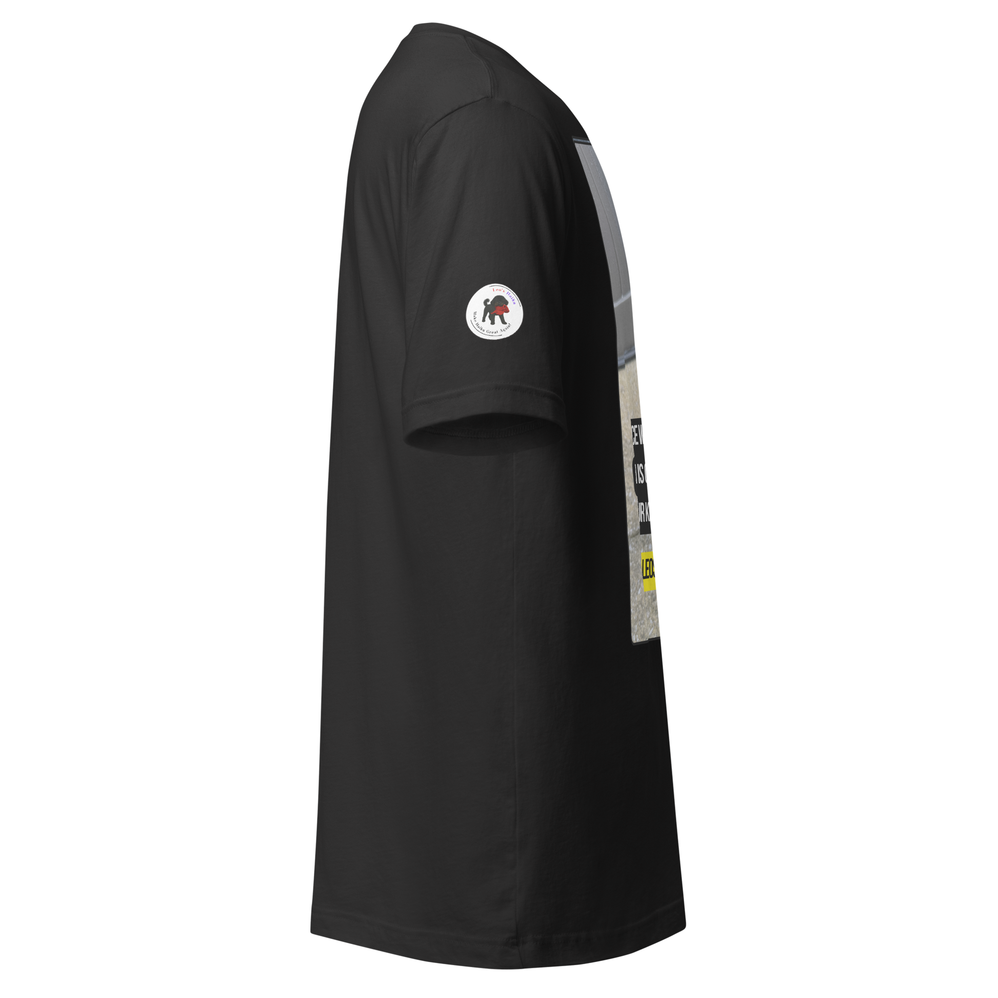 Black t-shirt with a logo on the sleeve against a white background