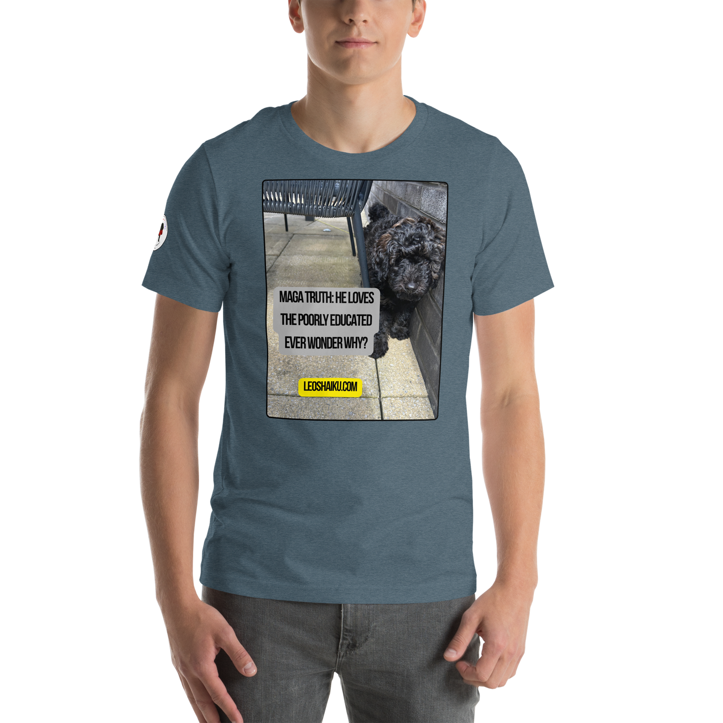 Young man in a heather slate t-shirt facing front. Shirt is printed with the image of a dog huddled against an outside patio wall.  A political, satirical, anti-maga haiku reads:
MAGA Truth:  He Loves
The Poorly Educated
Ever Wonder Why?
centered below that in black letters on a yellow field, it reads LEOSHAIKU.COM
