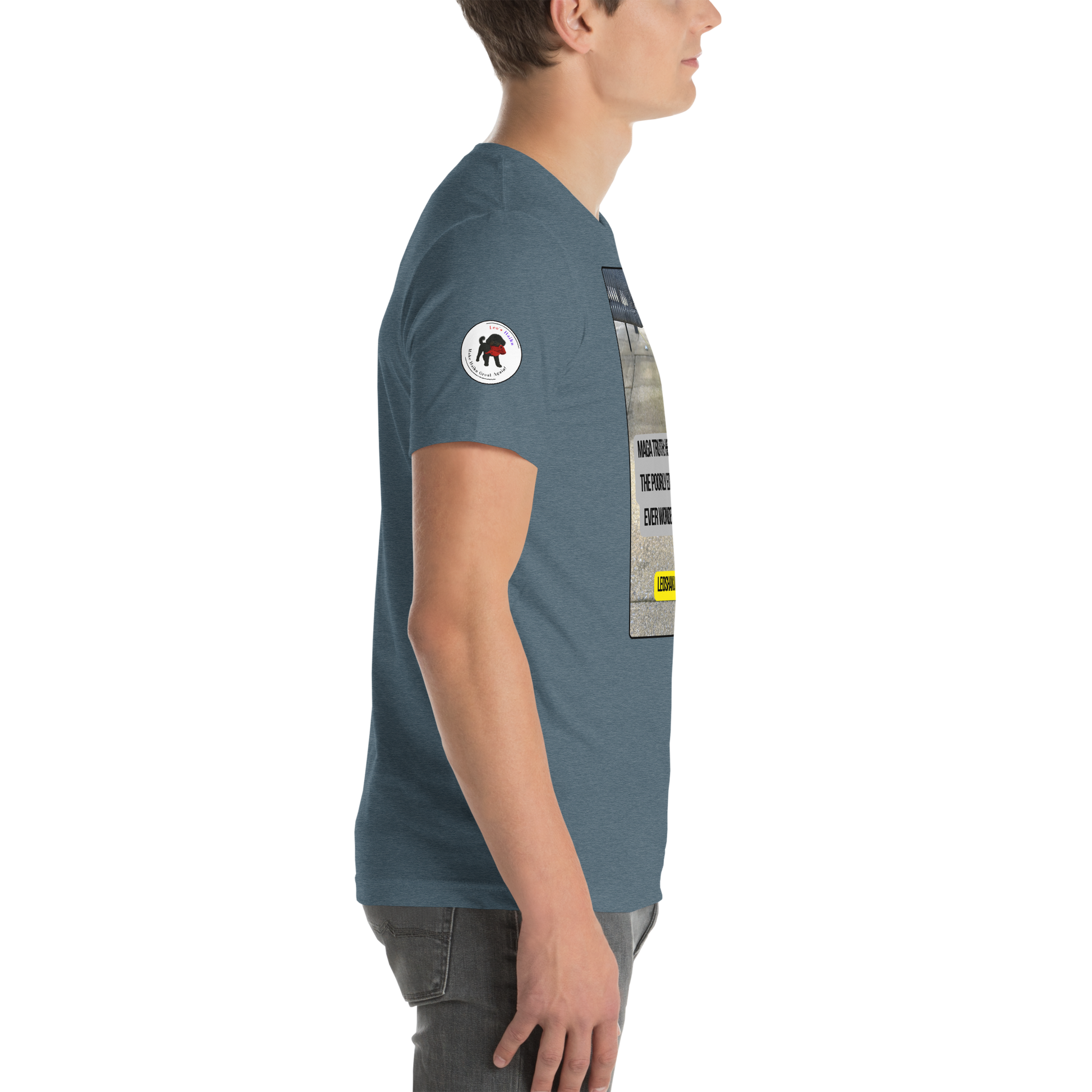 Young man in a heather slate t-shirt facing right.  On the right sleeve is the logo for leoshaiku.com