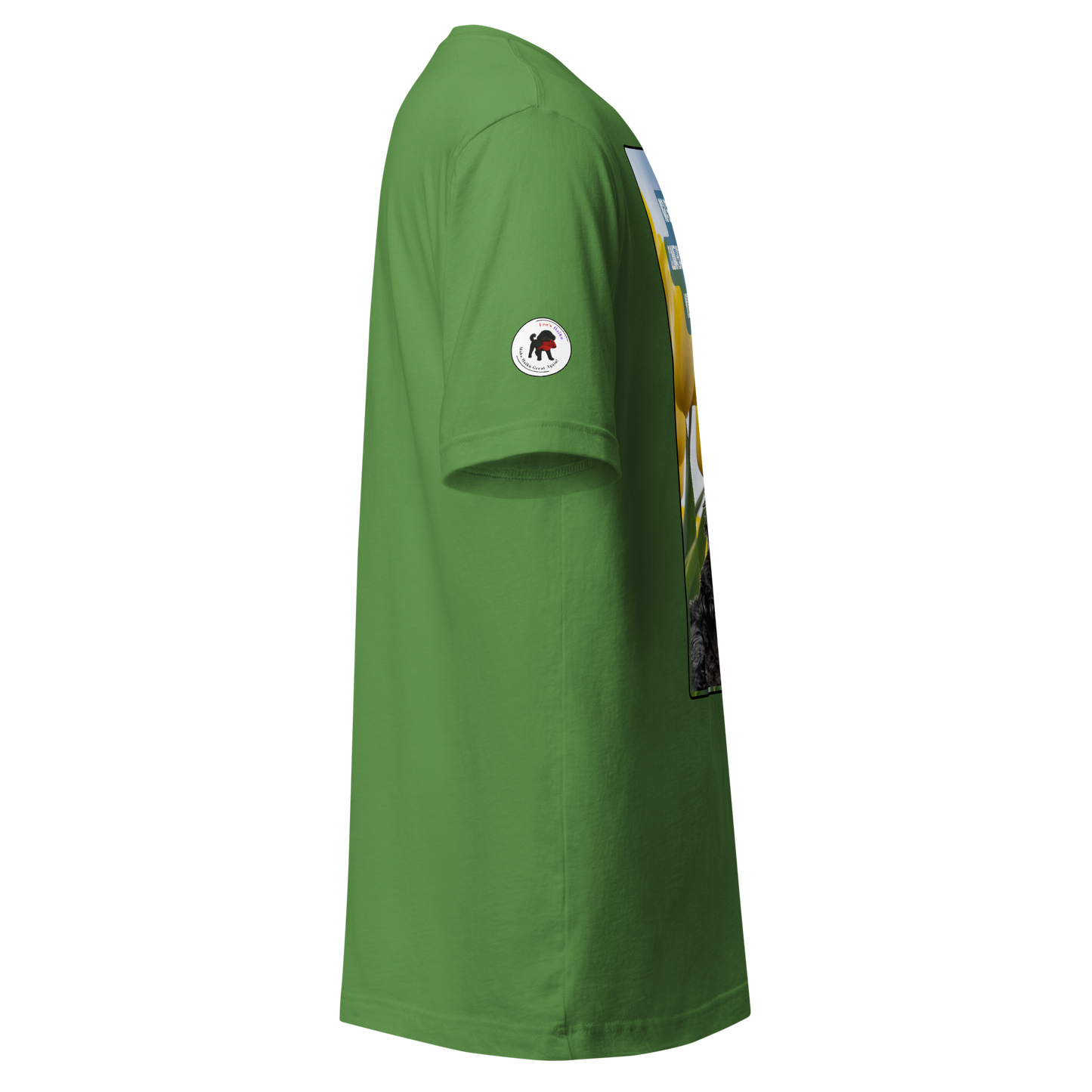 Green t-shirt with a logo on the sleeve against a white background