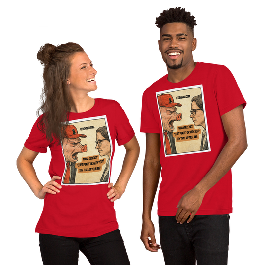 Two people wearing red t-shirts with a graphic design on a white background.  Printed with image of a pig-faced man in a red ball cap shouting in the face of a woman with glasses in a business suit.  A political, satirical, anti-maga haiku reads:
MAGA Decency
"Quiet Piggy" Ok with You?
Try That At Your Job

Center top it says LEOSHAIKU.COM