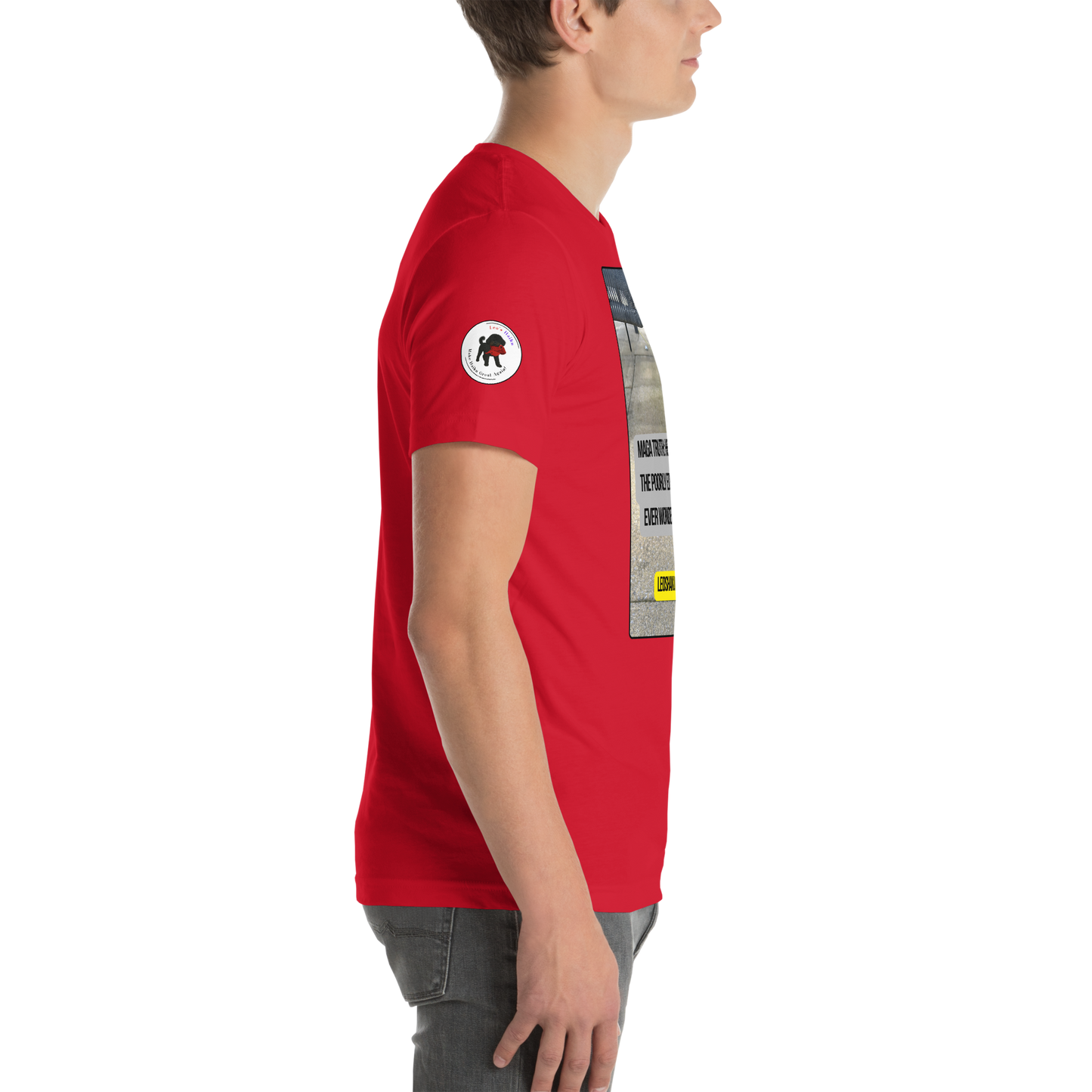 Young man in a red t-shirt facing right.  On the sleeve is the logo for LEOSHAIKU.COM