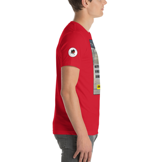 Young man in a red t-shirt facing right.  On the sleeve is the logo for LEOSHAIKU.COM