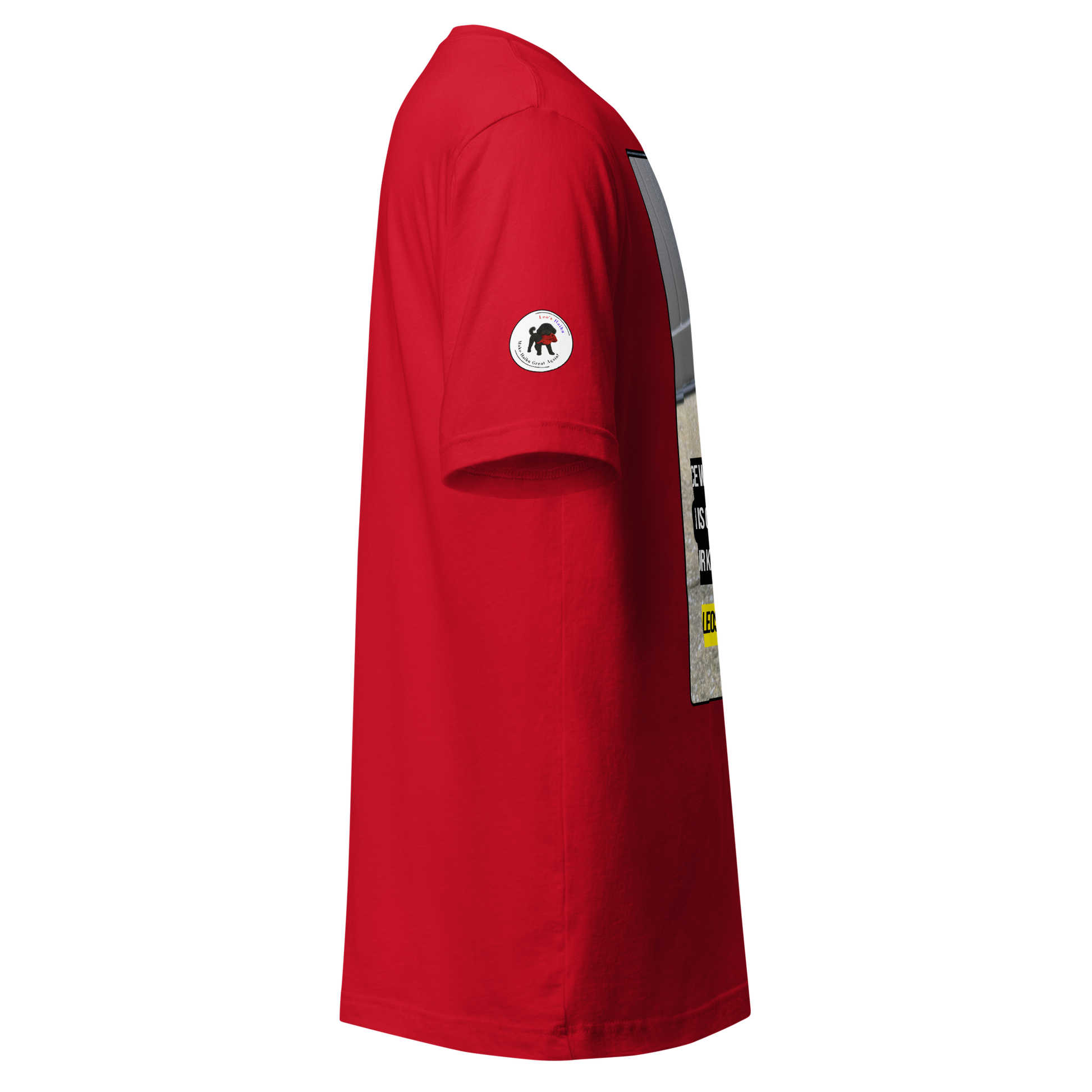 Red t-shirt with a logo on the sleeve against a white background