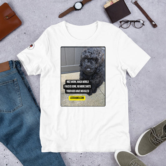 White t-shirt surrounded by items to make an outfit - jeans, glasses, shoes, wallet, watch.  T-shirt is printed with image of a dog in the corner of our outdoor patio.  A political, satirical, anti-MAGA haiku reads:
Nice Work, MAGA World
Fauci's gone, No More Shots
Your Kids Have Measles!
Centered under that is leoshaiku.com in black letters on a yellow background.
